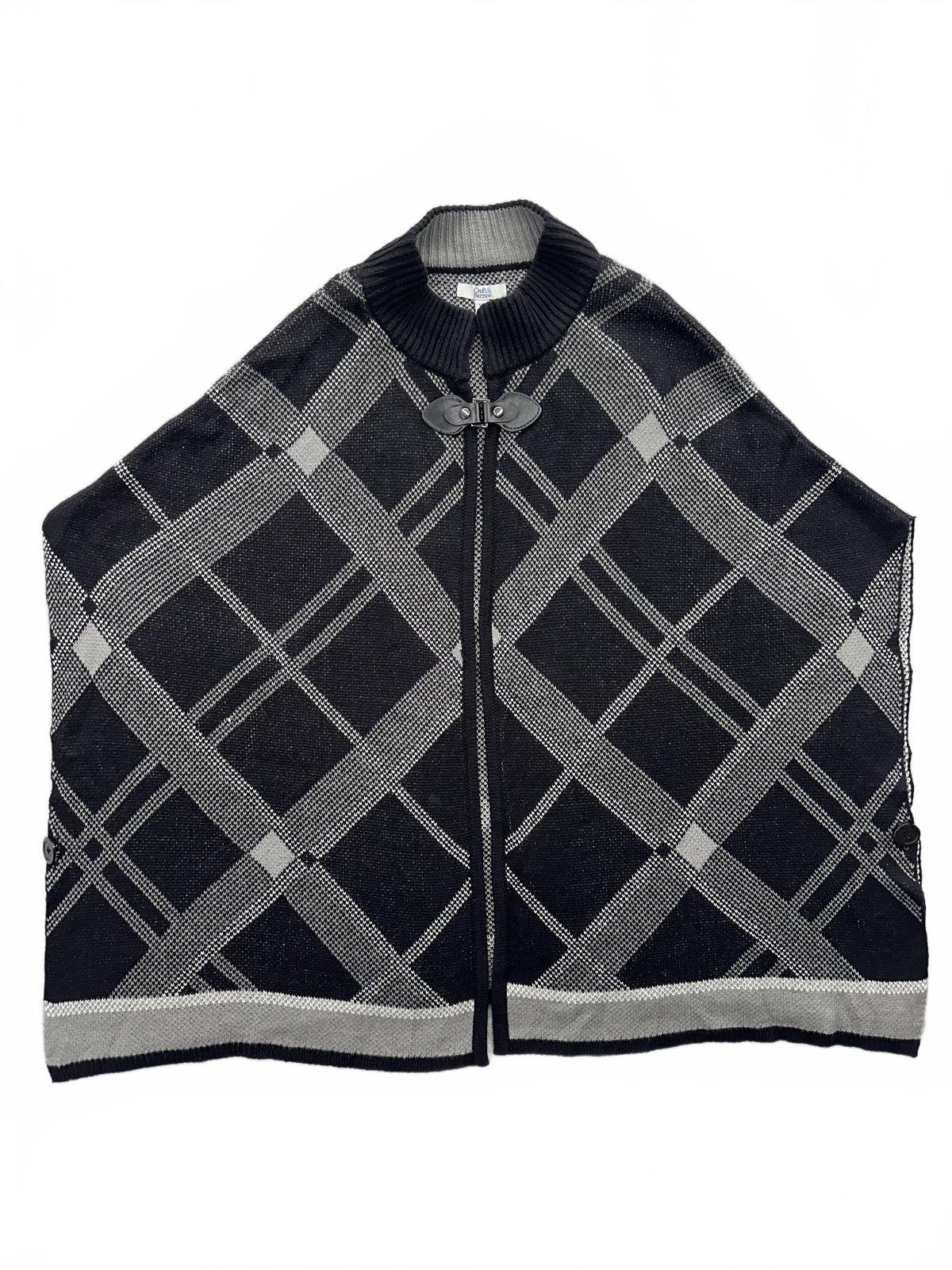 Croft & Barrow Black and Gray Plaid Poncho Cape Sweater with Faux Leather Toggle