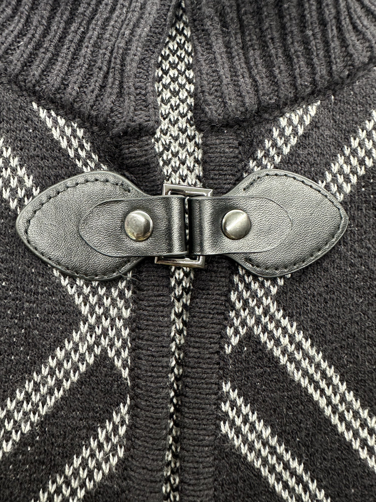 Croft & Barrow Black and Gray Plaid Poncho Cape Sweater with Faux Leather Toggle