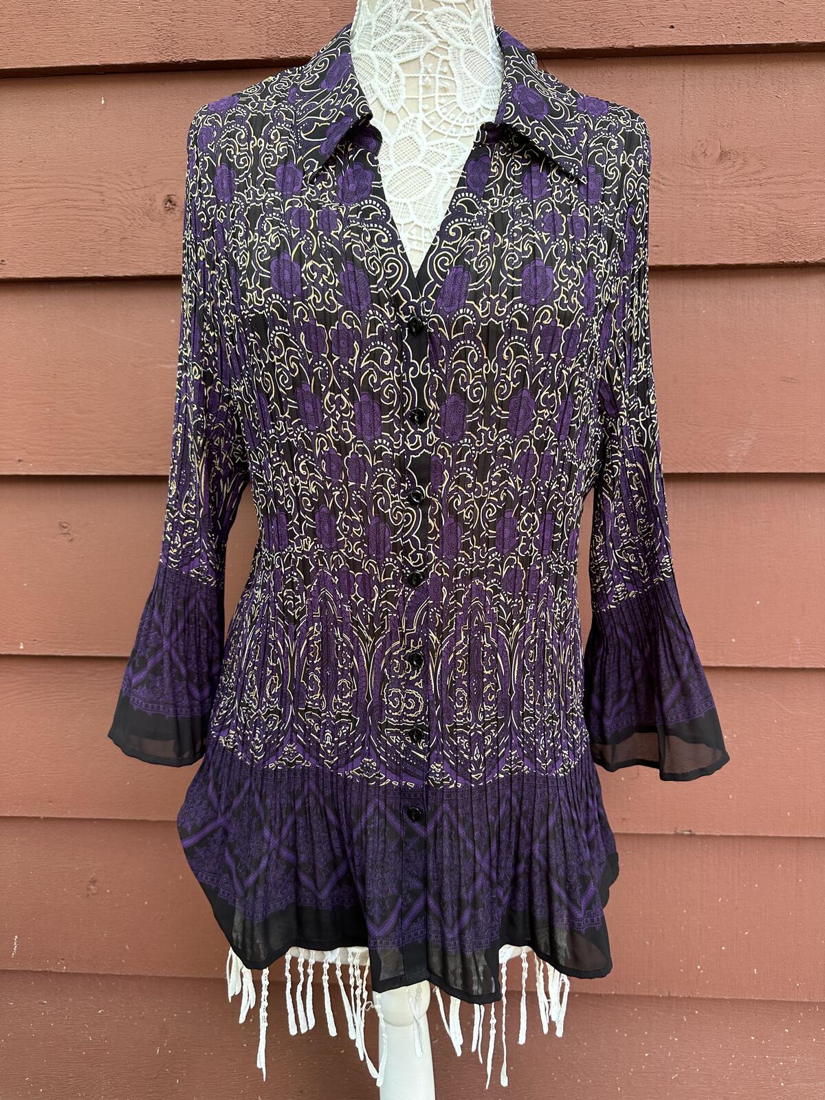 Fashion Bug Purple and Black Paisley Tunic Top Y2K Boho Bell Sleeve Whimsigoth