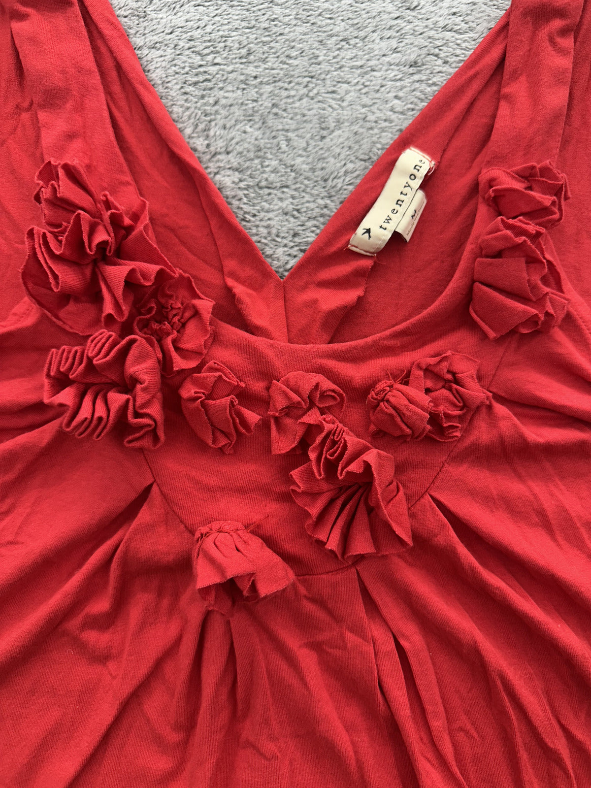 Twenty One Red Floral Ruffle Tank Top Boho Chic Summer Muscle Tee
