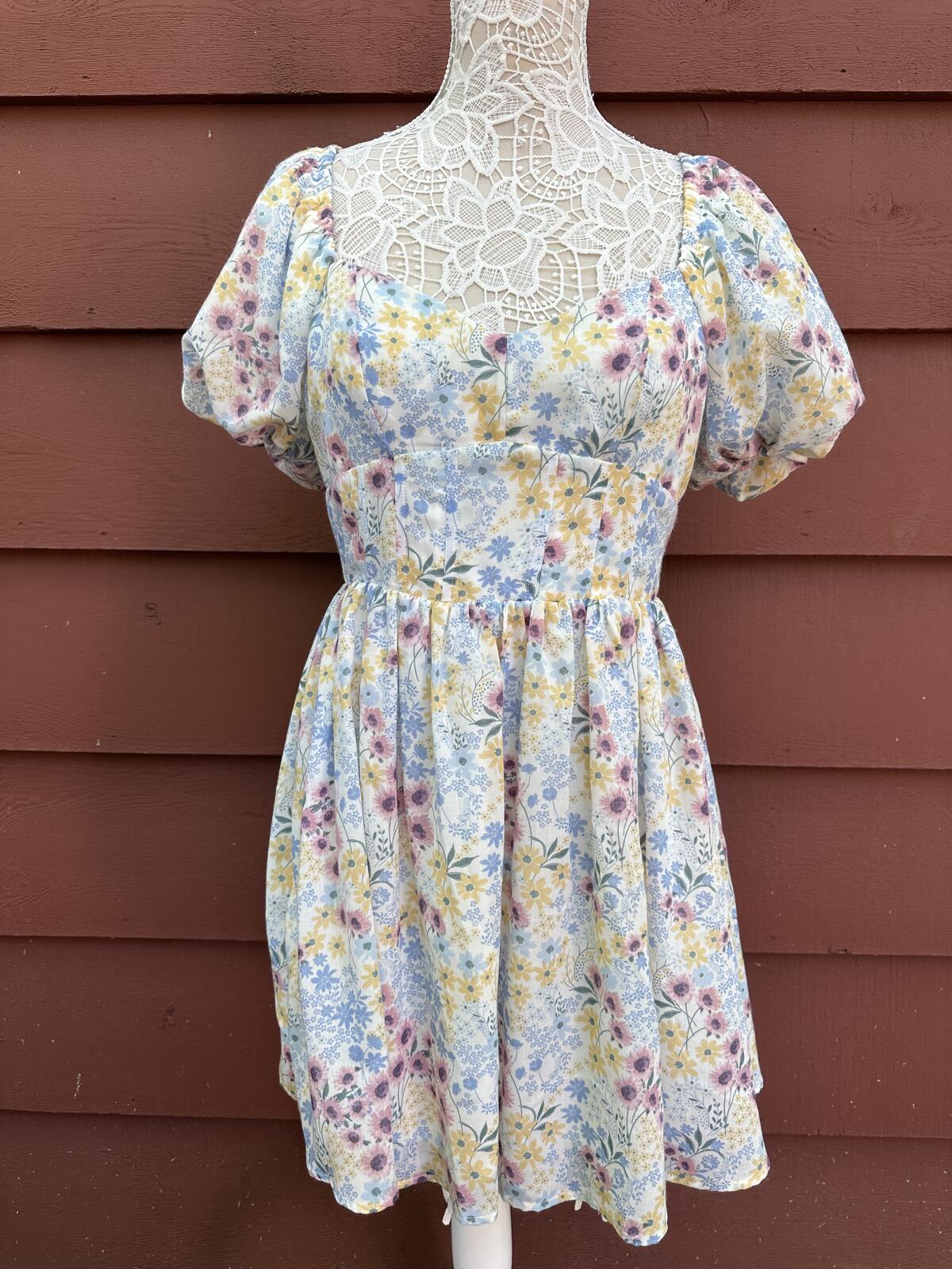 Altar'd State Pastel Floral Puff Sleeve Fit and Flare Dress Y2K Fairycore Mini