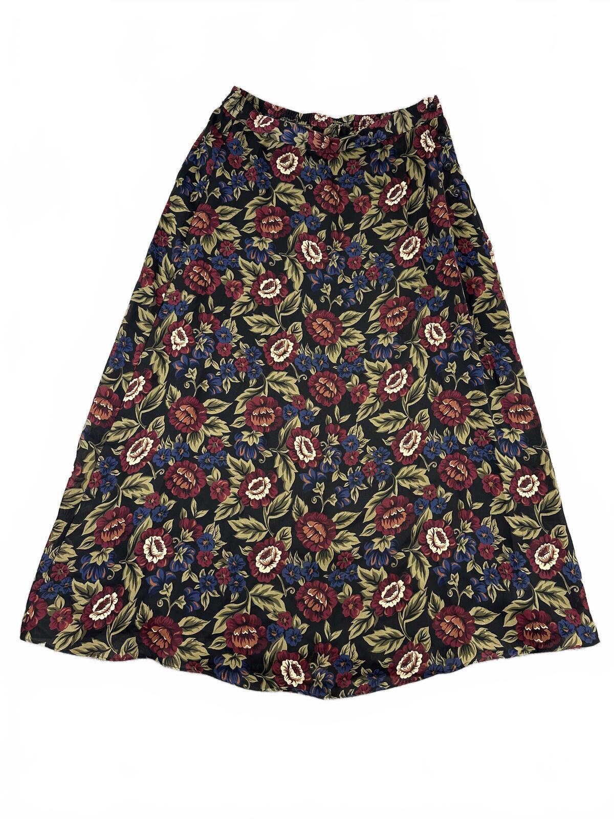 Sag Harbor Floral Midi Skirt Boho Vintage Inspired Dark Background Burgundy Blue