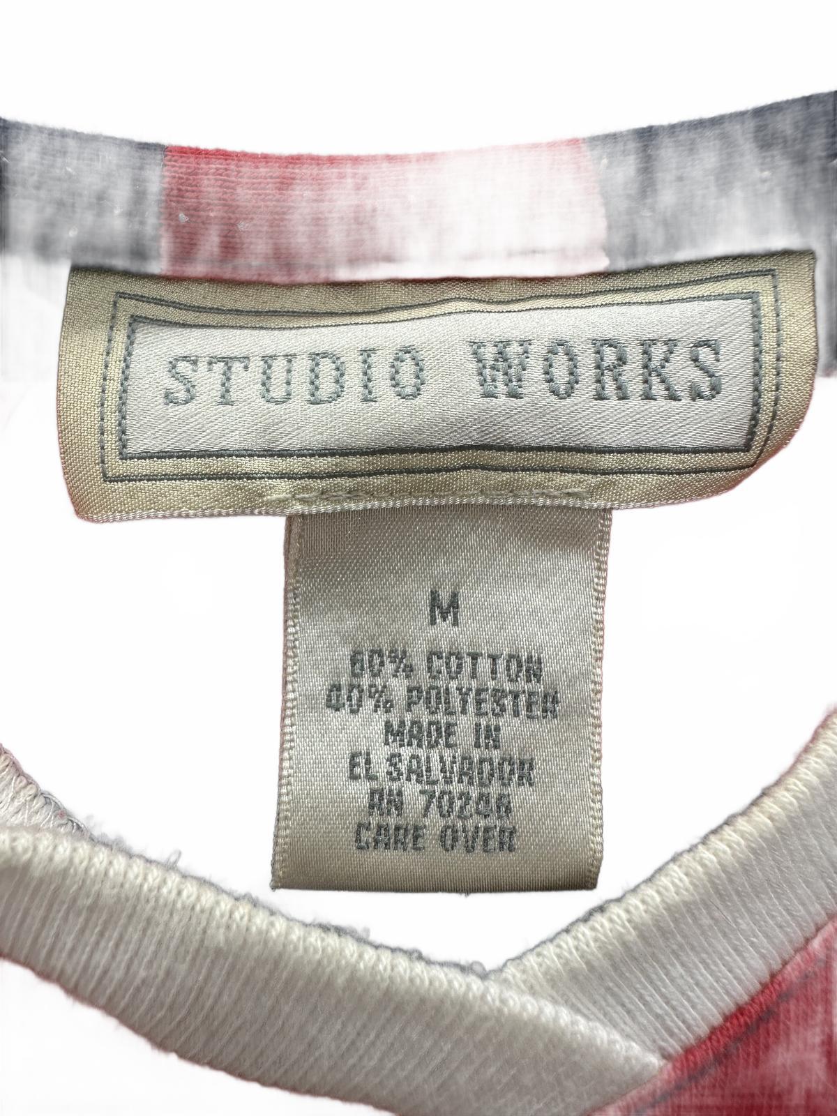 Studio Works Vintage Style Red and Navy Striped Polo Shirt with White Collar