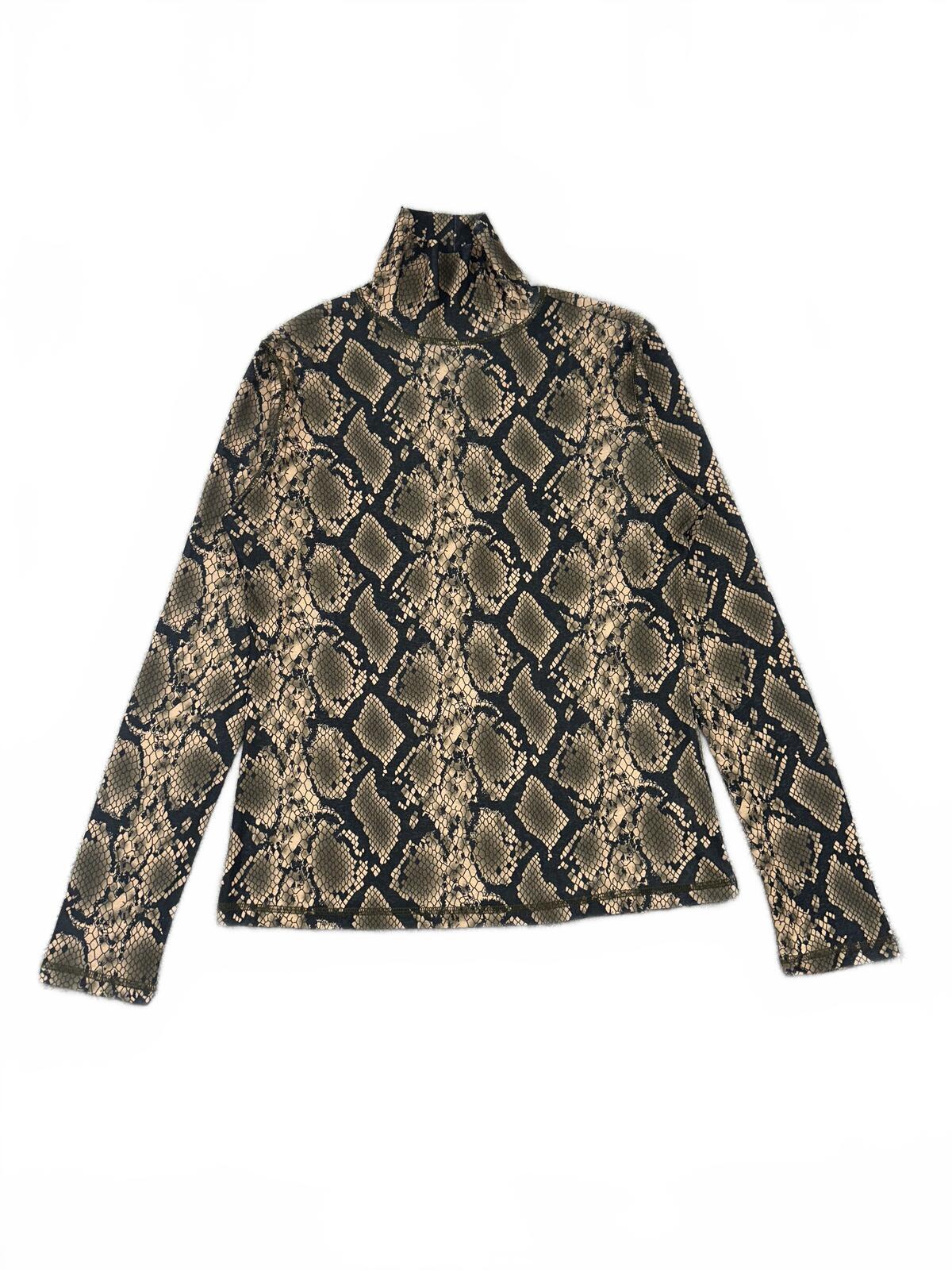 Suncoo Paris Snakeskin Print Turtleneck Top Y2K Mesh Long Sleeve Fitted Stretch
