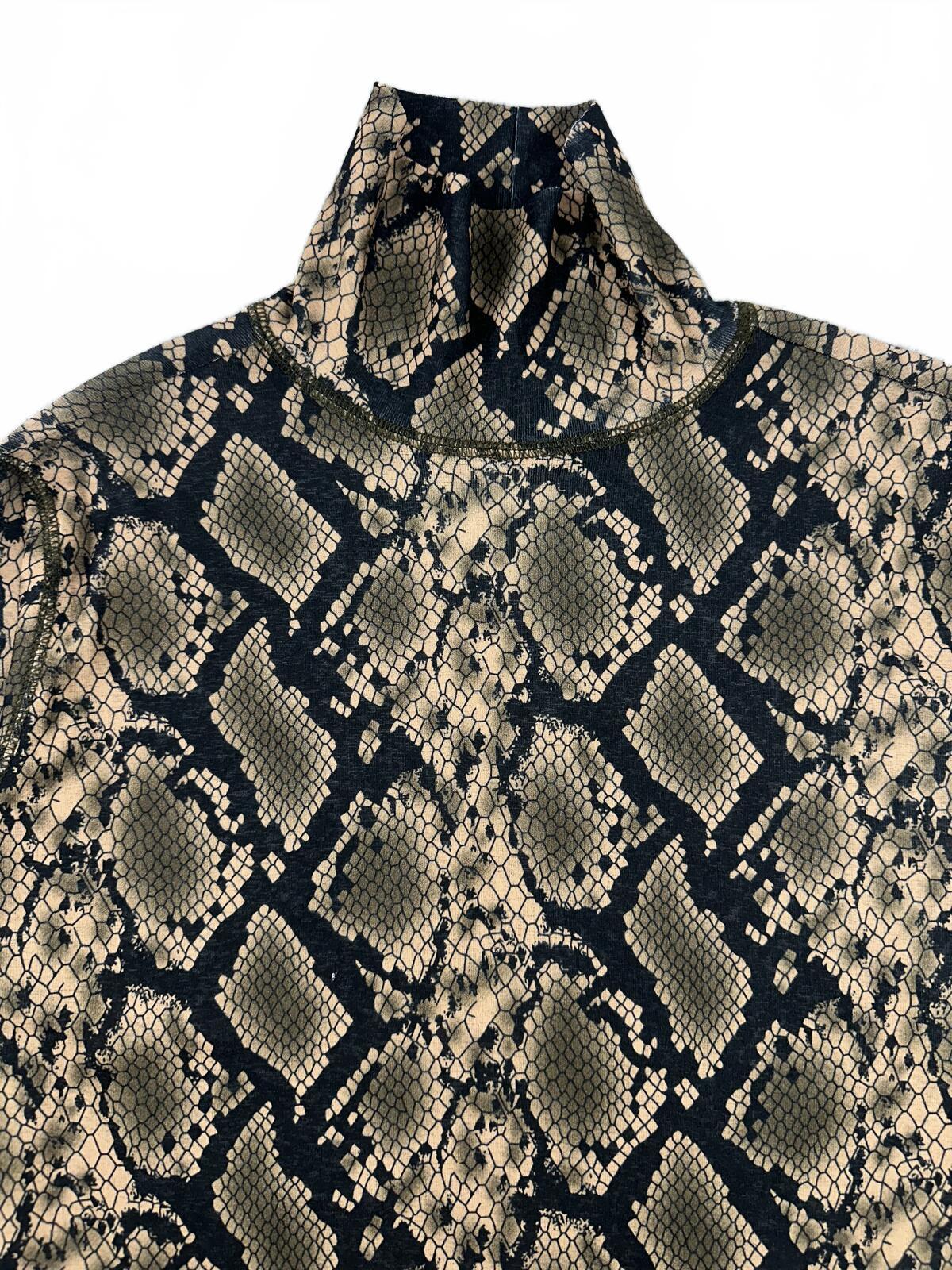 Suncoo Paris Snakeskin Print Turtleneck Top Y2K Mesh Long Sleeve Fitted Stretch