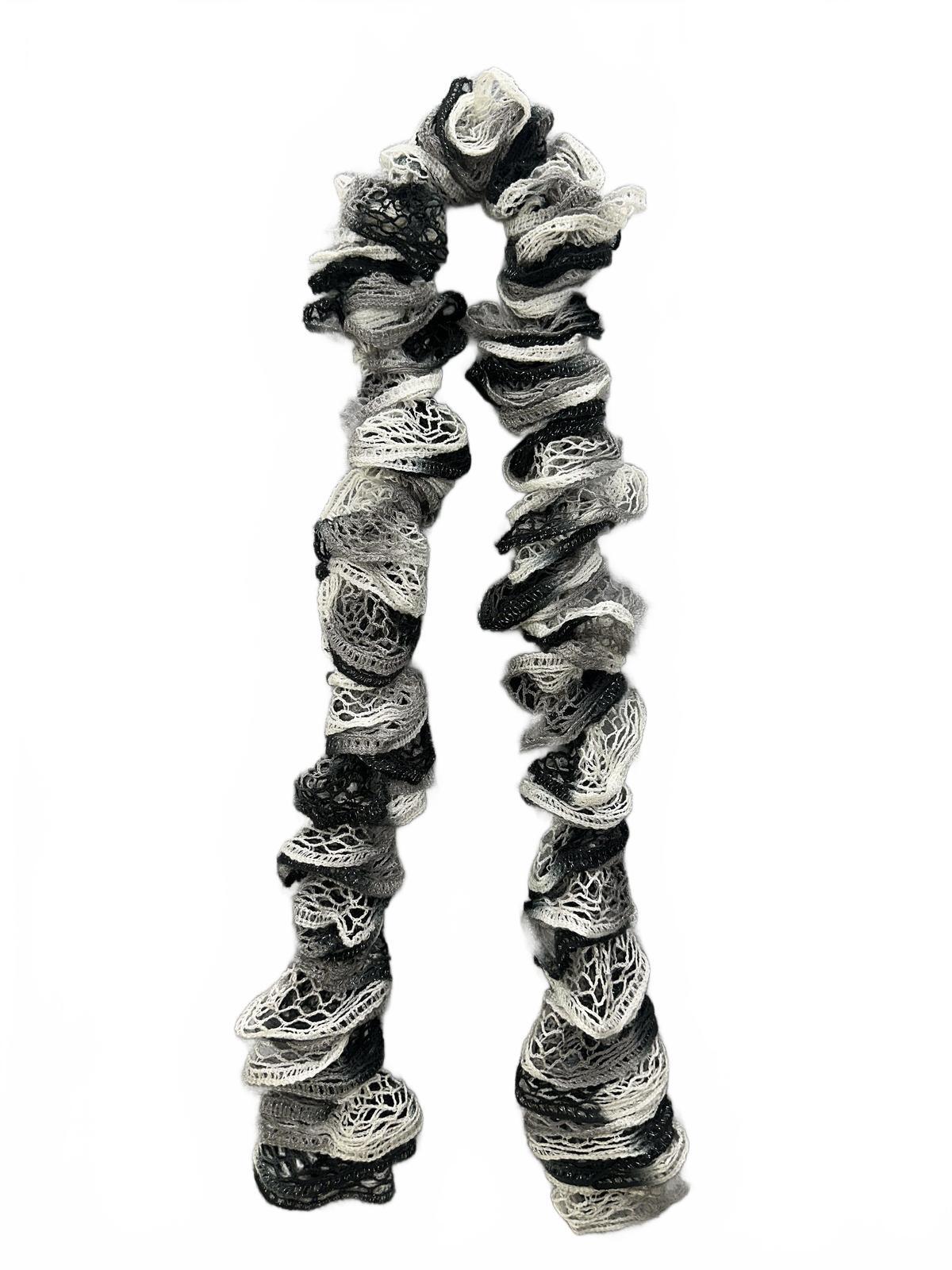 Handmade Ruffled Crochet Scarf Black White Gray Unique Textured