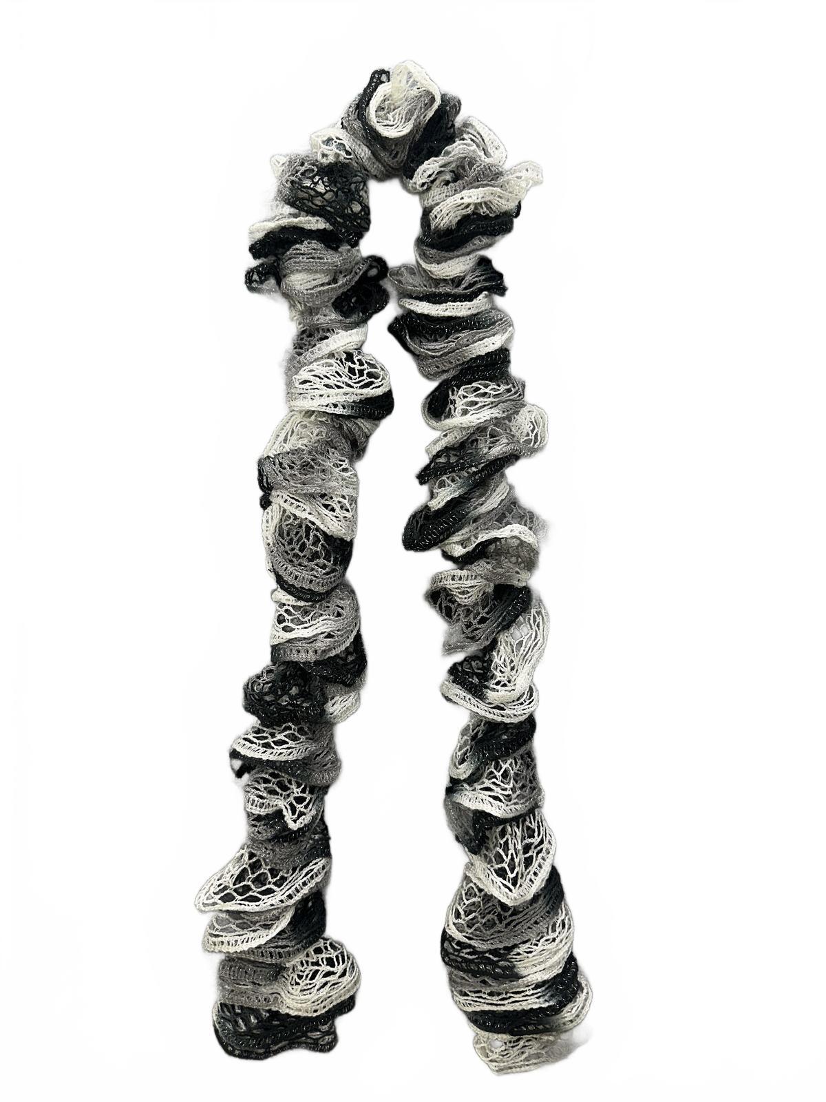 Handmade Ruffled Crochet Scarf Black White Gray Unique Textured