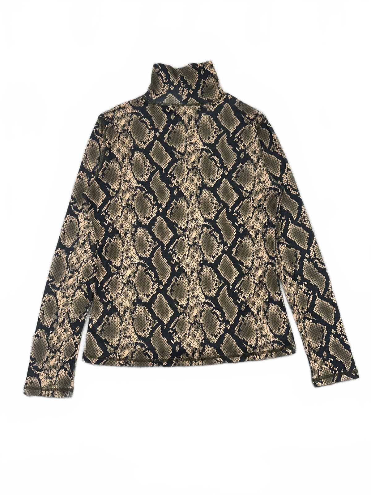 Suncoo Paris Snakeskin Print Turtleneck Top Y2K Mesh Long Sleeve Fitted Stretch