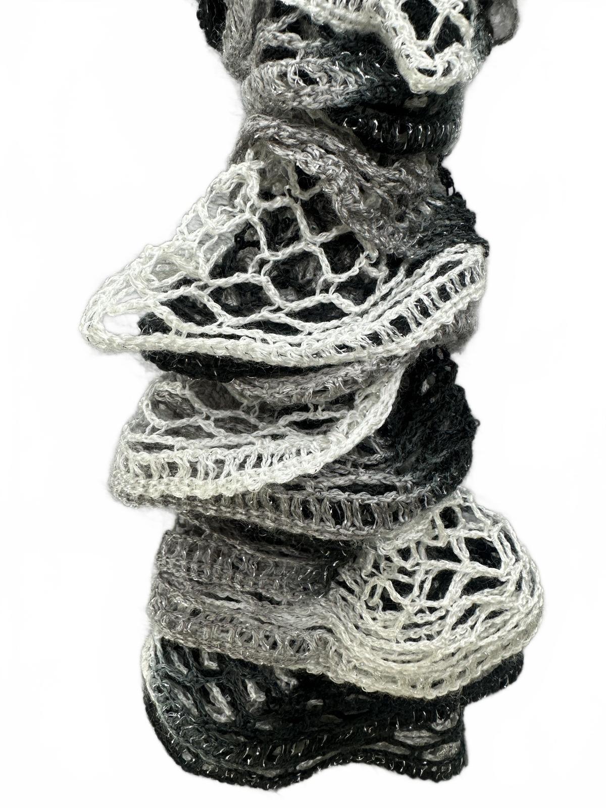 Handmade Ruffled Crochet Scarf Black White Gray Unique Textured