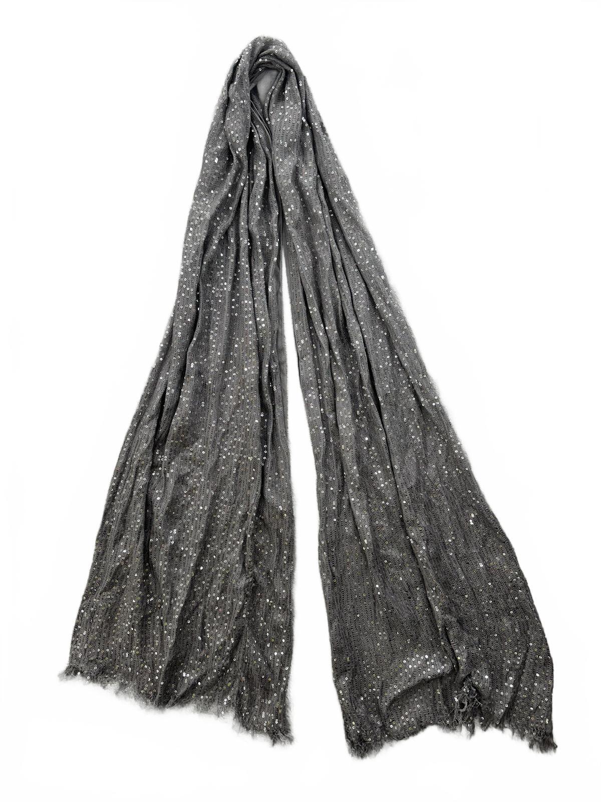 Gray Sequin Scarf Glamorous Sparkling Wrap with Fringe Edges