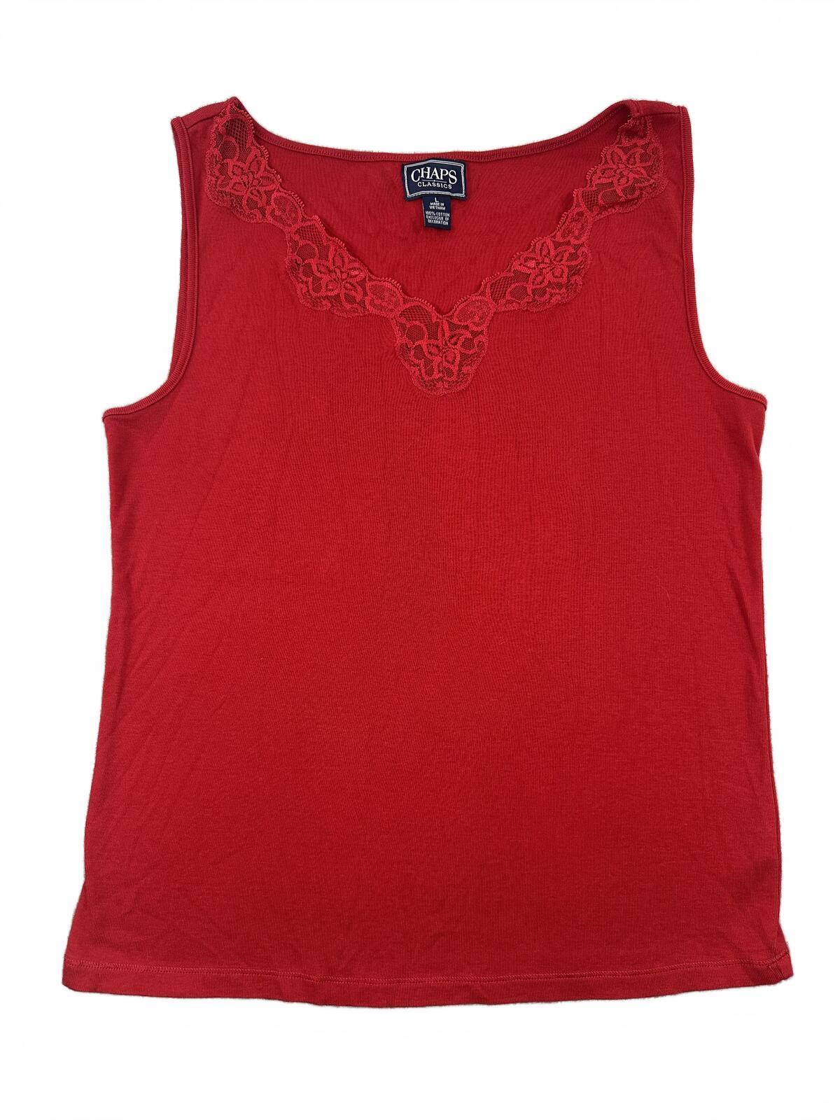 Chaps Classics Red Cotton Tank Top with Lace Trim Neckline Y2K Feminine