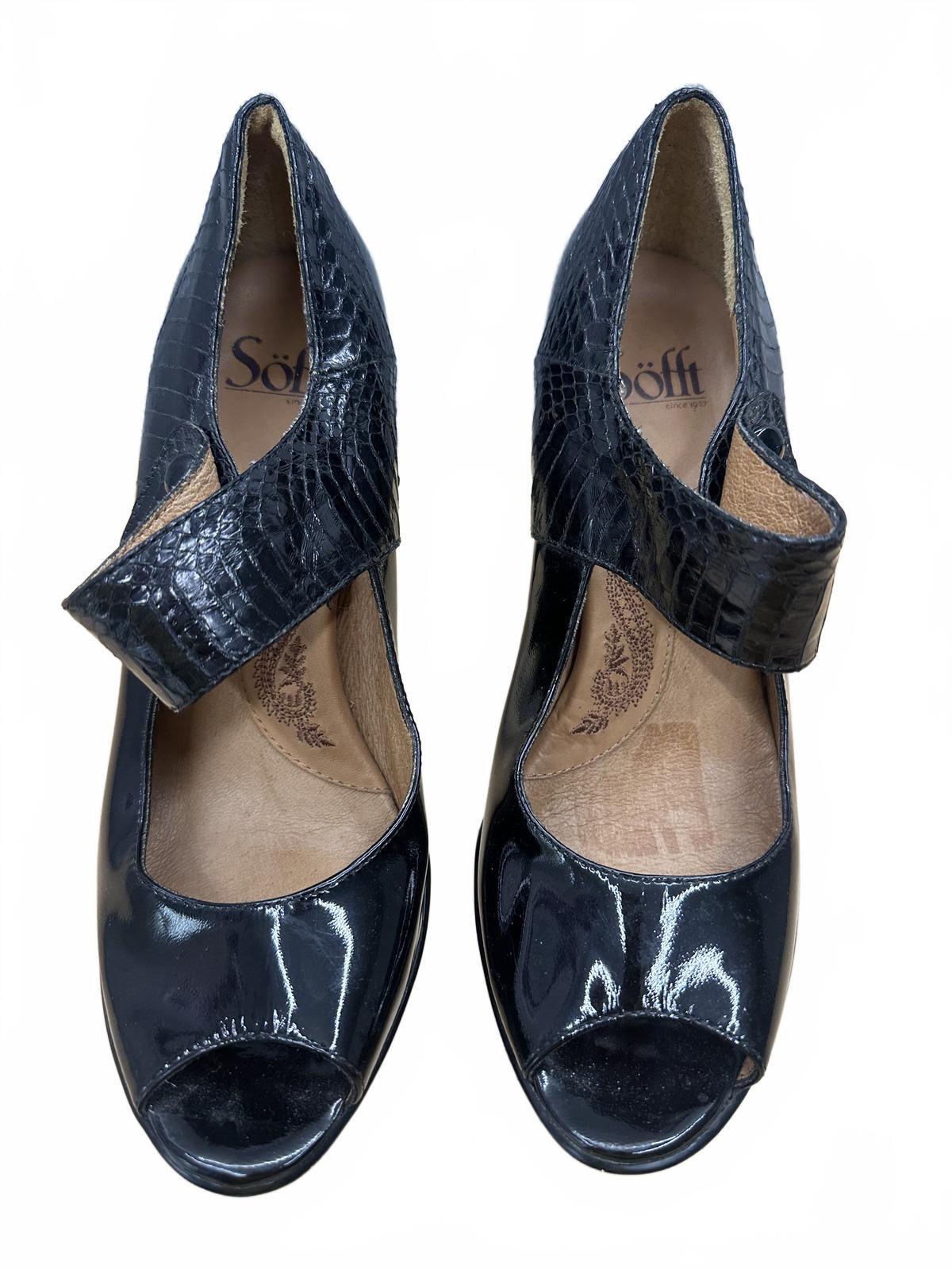 Söfft Black Patent Leather Peep Toe Heels with Croc Embossed Strap