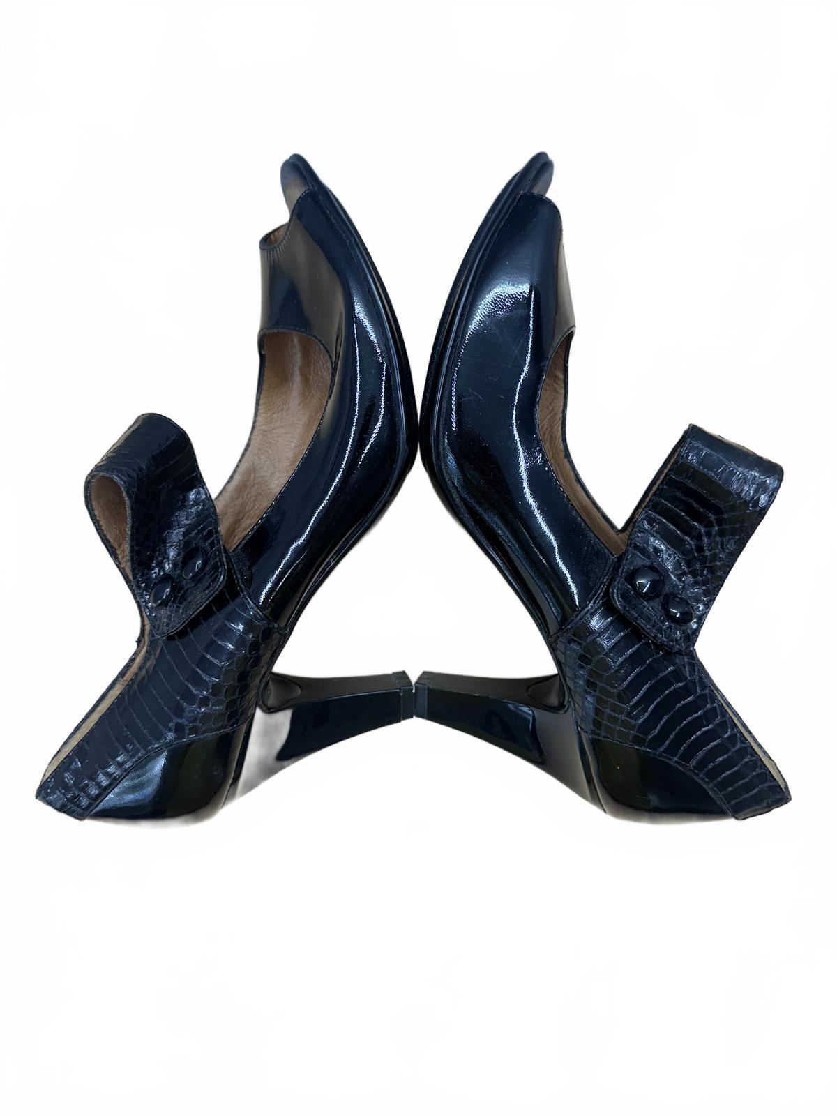 Söfft Black Patent Leather Peep Toe Heels with Croc Embossed Strap