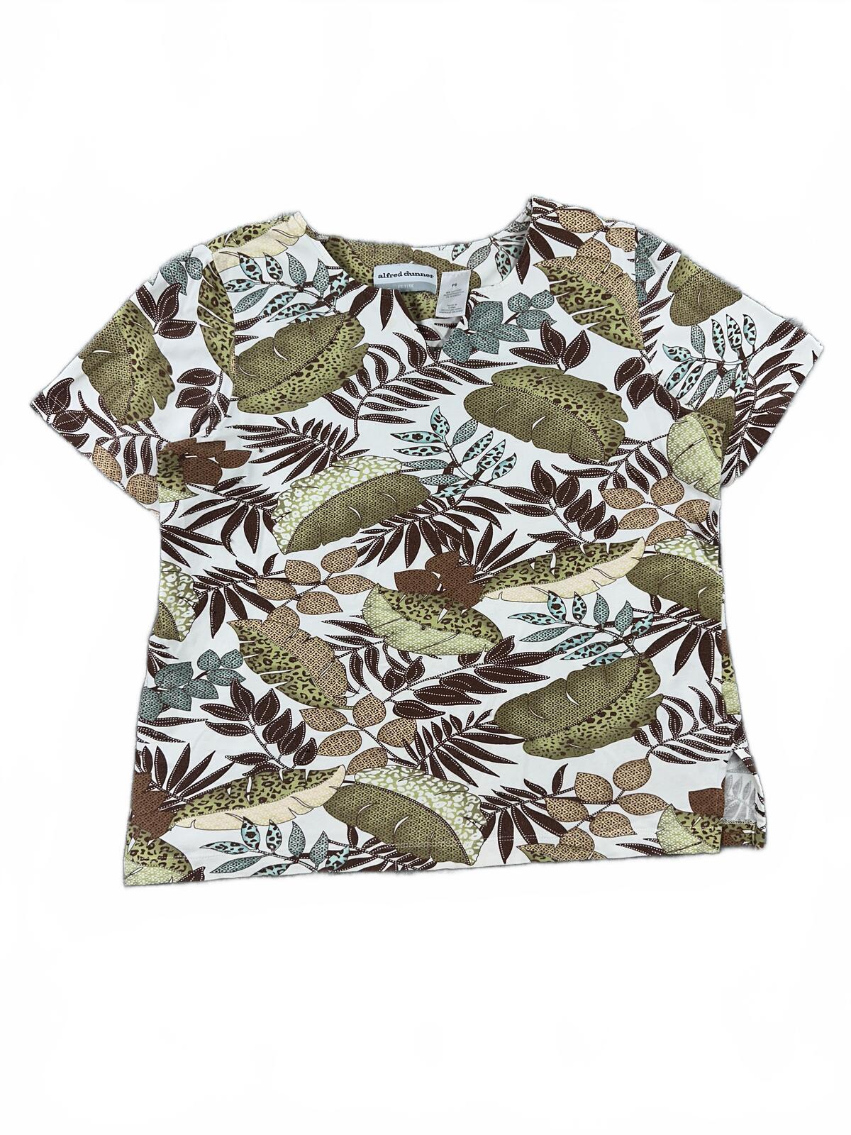 Alfred Dunner Tropical Leaf Print Short Sleeve Top Boho Retro Summer