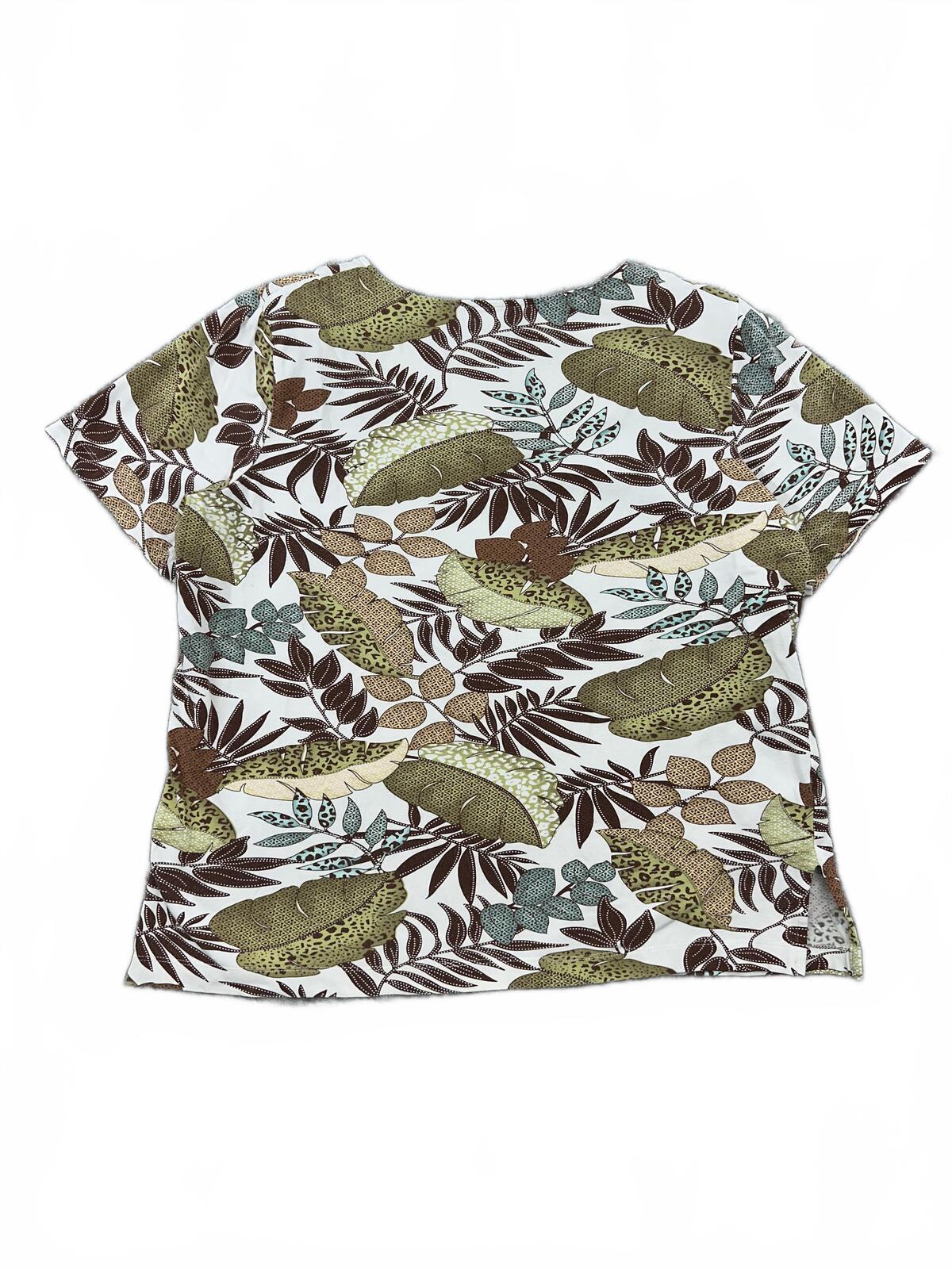 Alfred Dunner Tropical Leaf Print Short Sleeve Top Boho Retro Summer