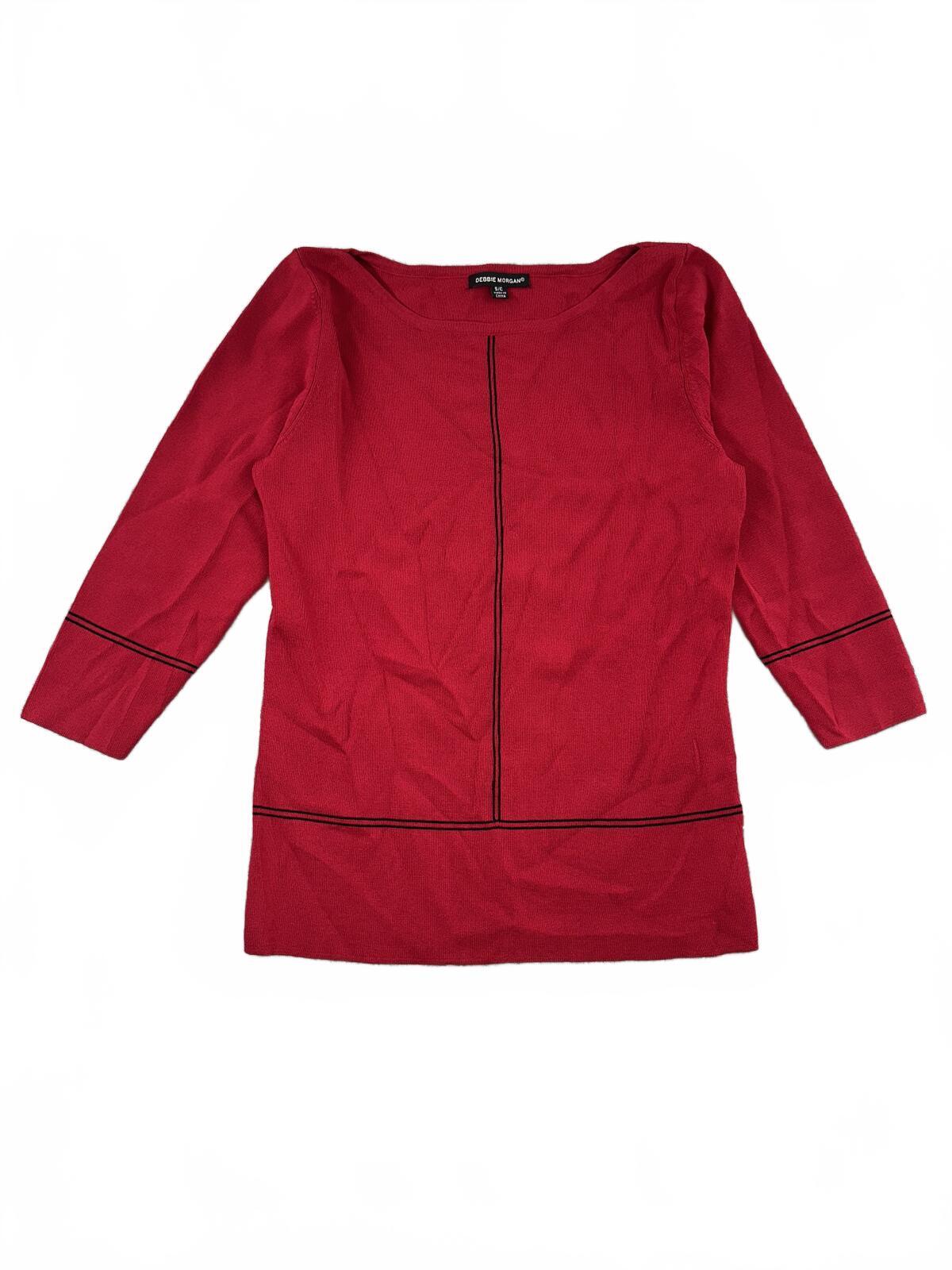 Debbie Morgan Red Knit Top with Black Contrast Seams 3/4 Sleeves Y2K