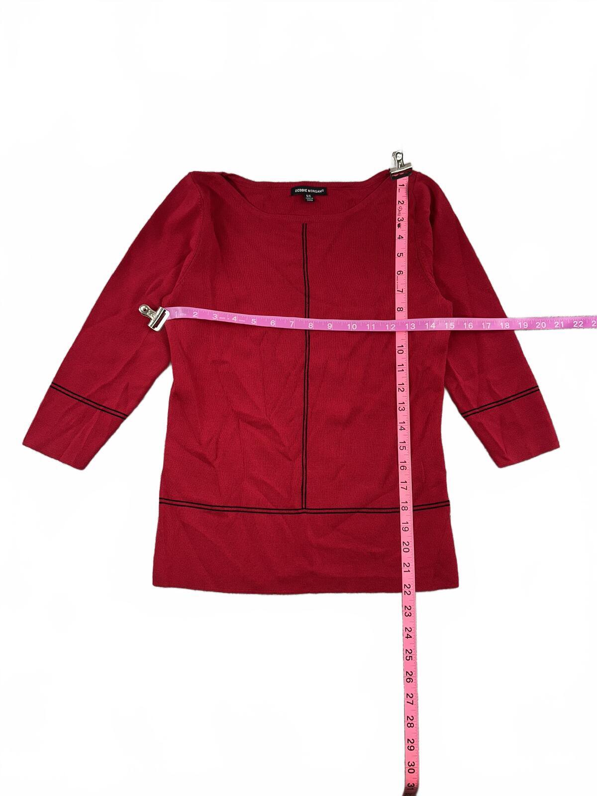 Debbie Morgan Red Knit Top with Black Contrast Seams 3/4 Sleeves Y2K