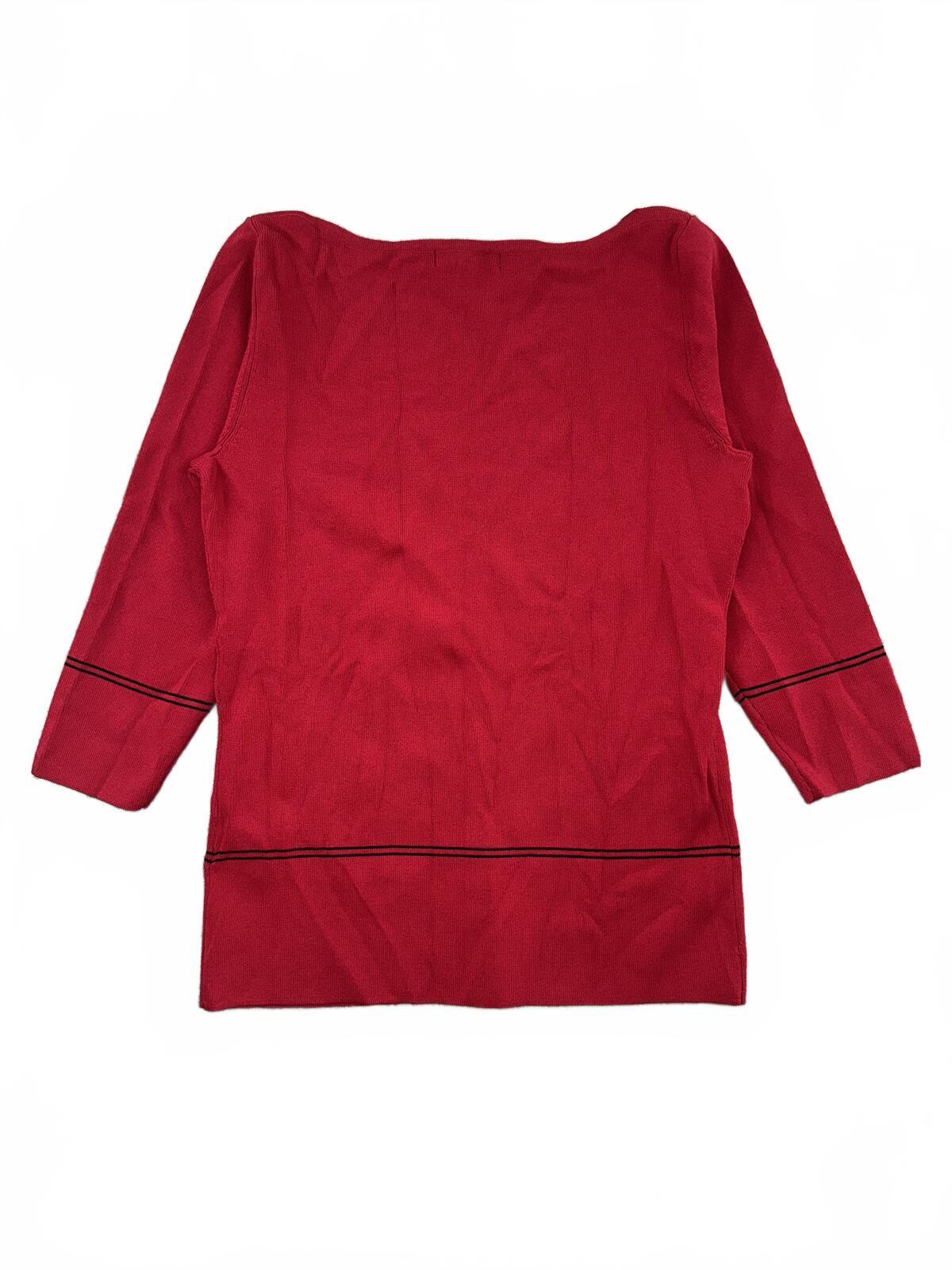Debbie Morgan Red Knit Top with Black Contrast Seams 3/4 Sleeves Y2K