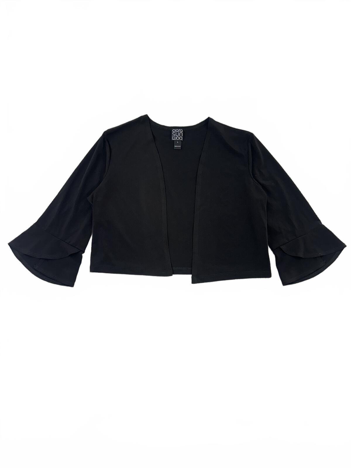 Clara Sunwoo Black Open Front Bolero Cardigan with Bell Sleeves Y2K Minimalist