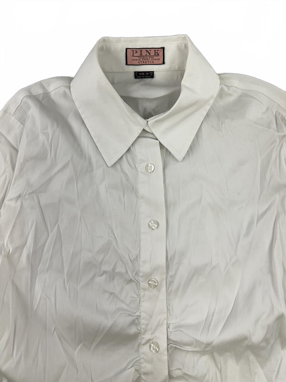 Thomas Pink White Stretch Button Down Shirt Y2K Office Style Ruched Front