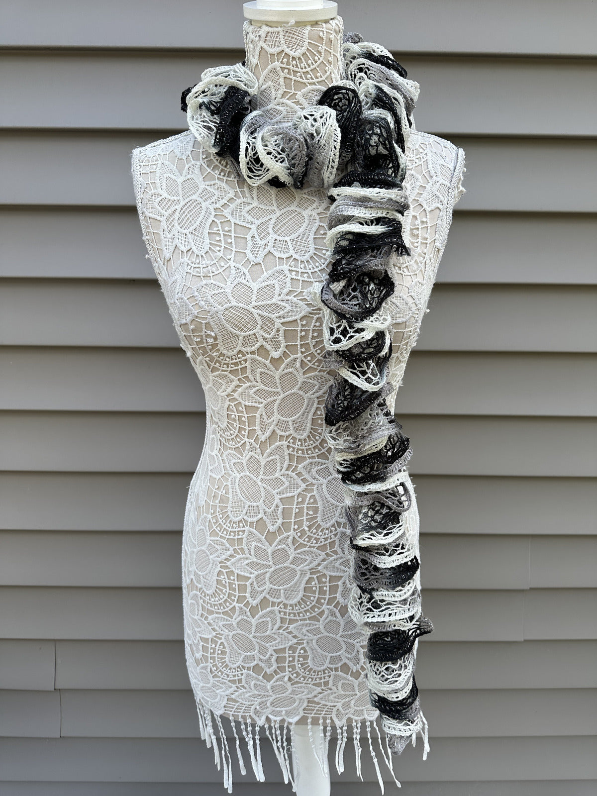 Handmade Ruffled Crochet Scarf Black White Gray Unique Textured