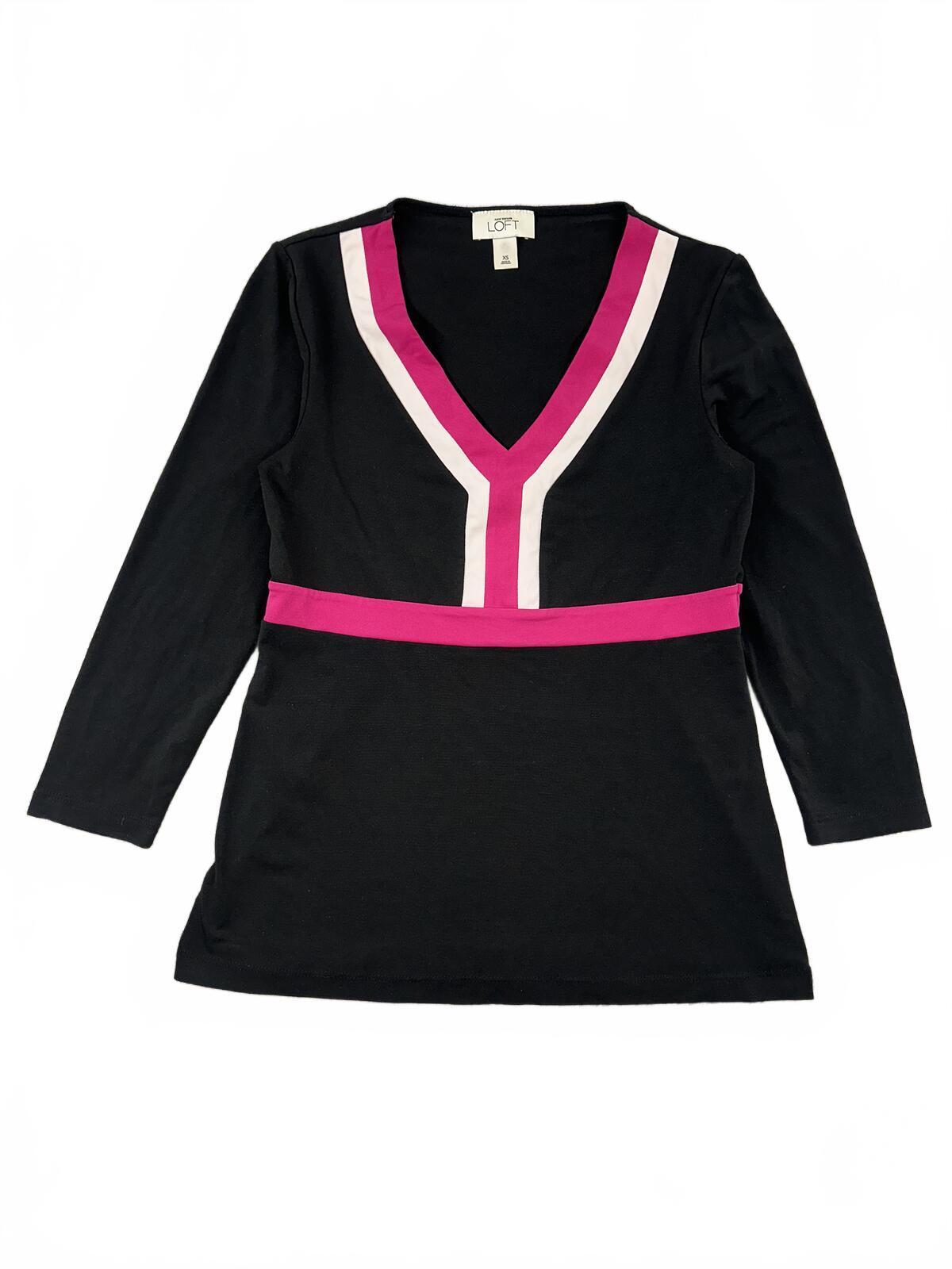 Ann Taylor LOFT Black Long Sleeve Colorblock Top with Pink and White V Neck
