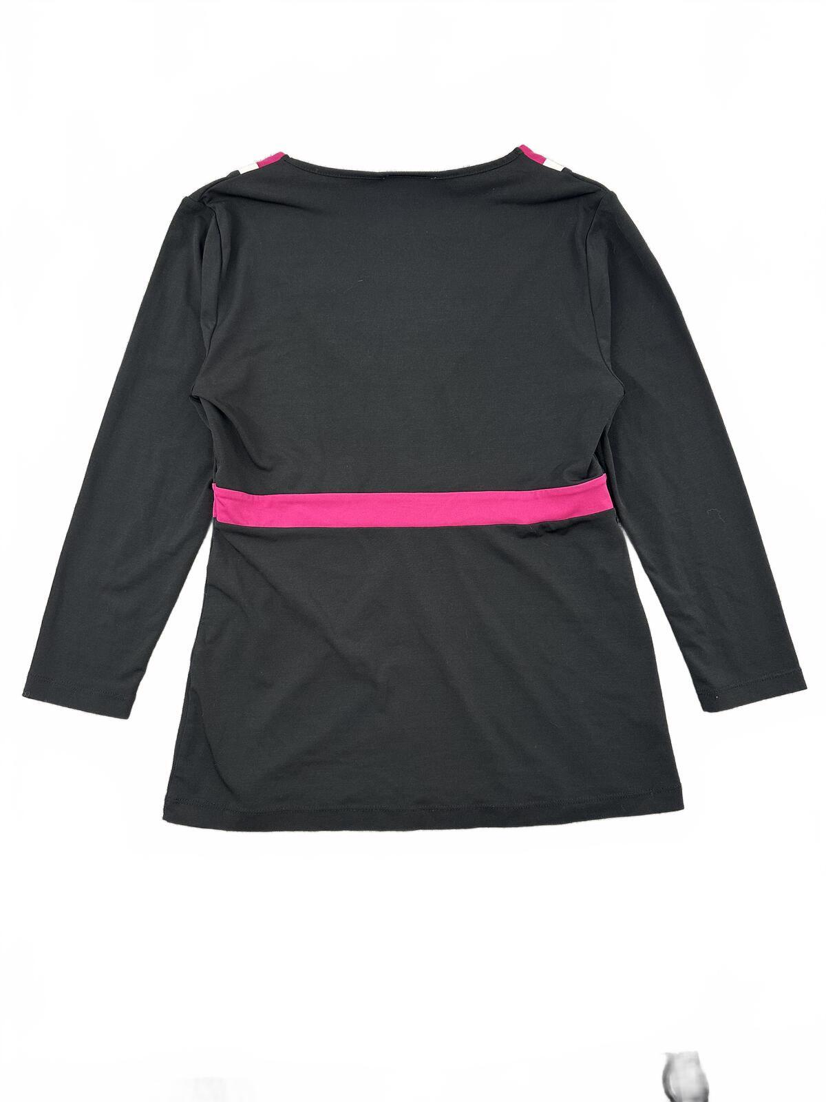Ann Taylor LOFT Black Long Sleeve Colorblock Top with Pink and White V Neck