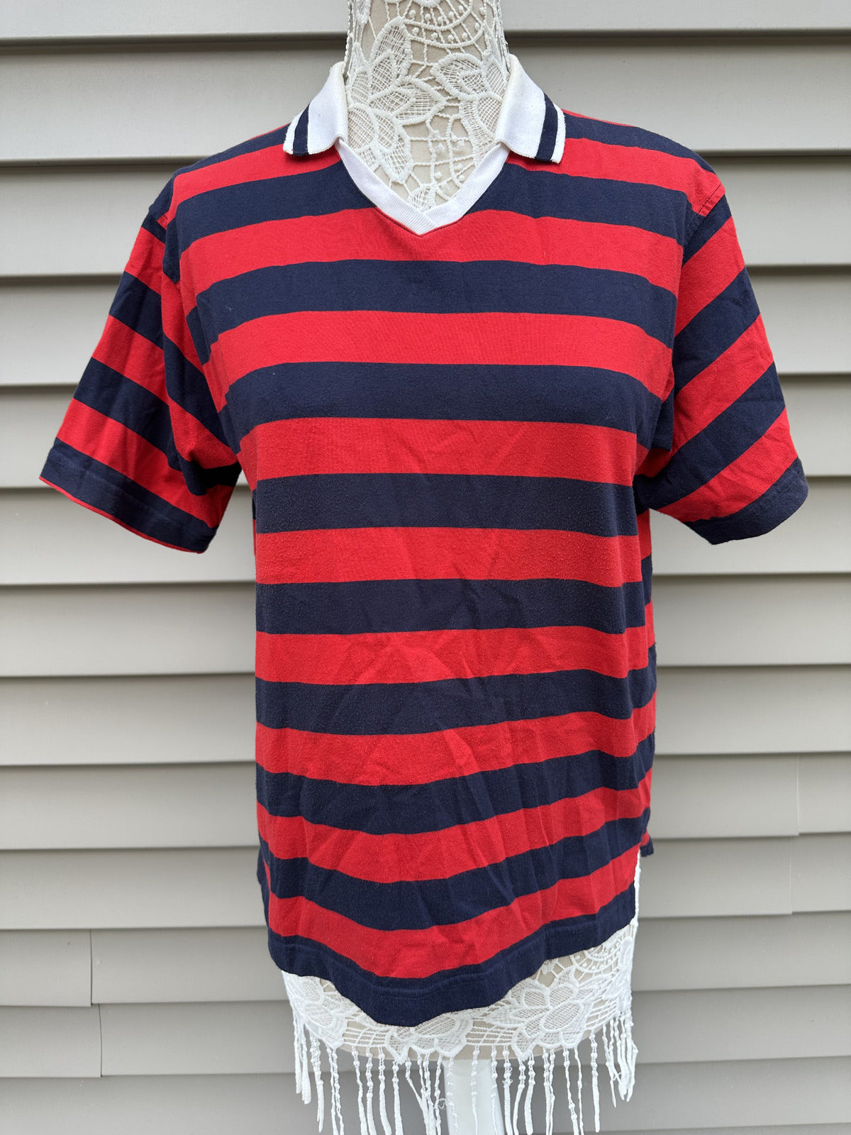 Studio Works Vintage Style Red and Navy Striped Polo Shirt with White Collar