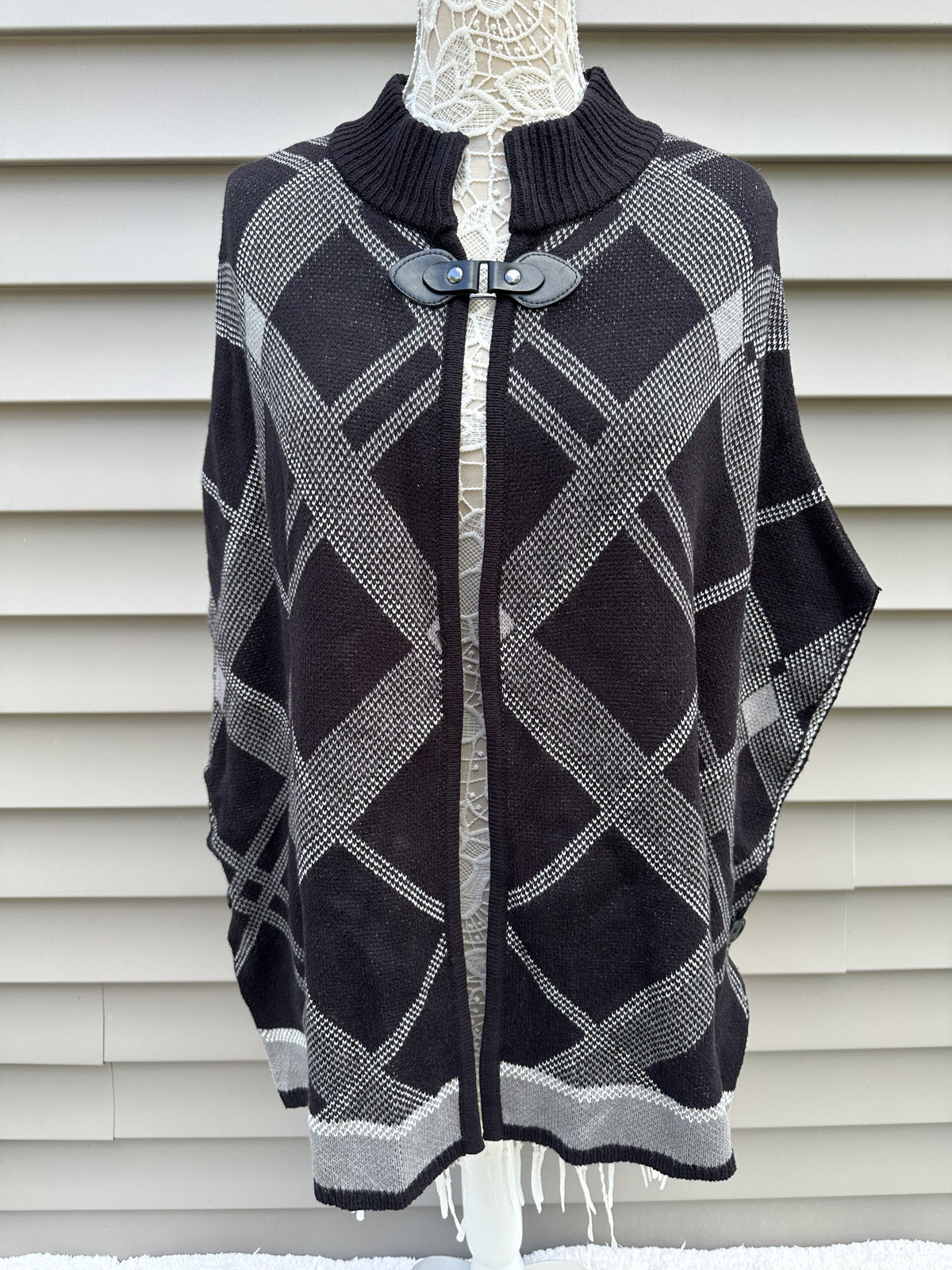 Croft & Barrow Black and Gray Plaid Poncho Cape Sweater with Faux Leather Toggle