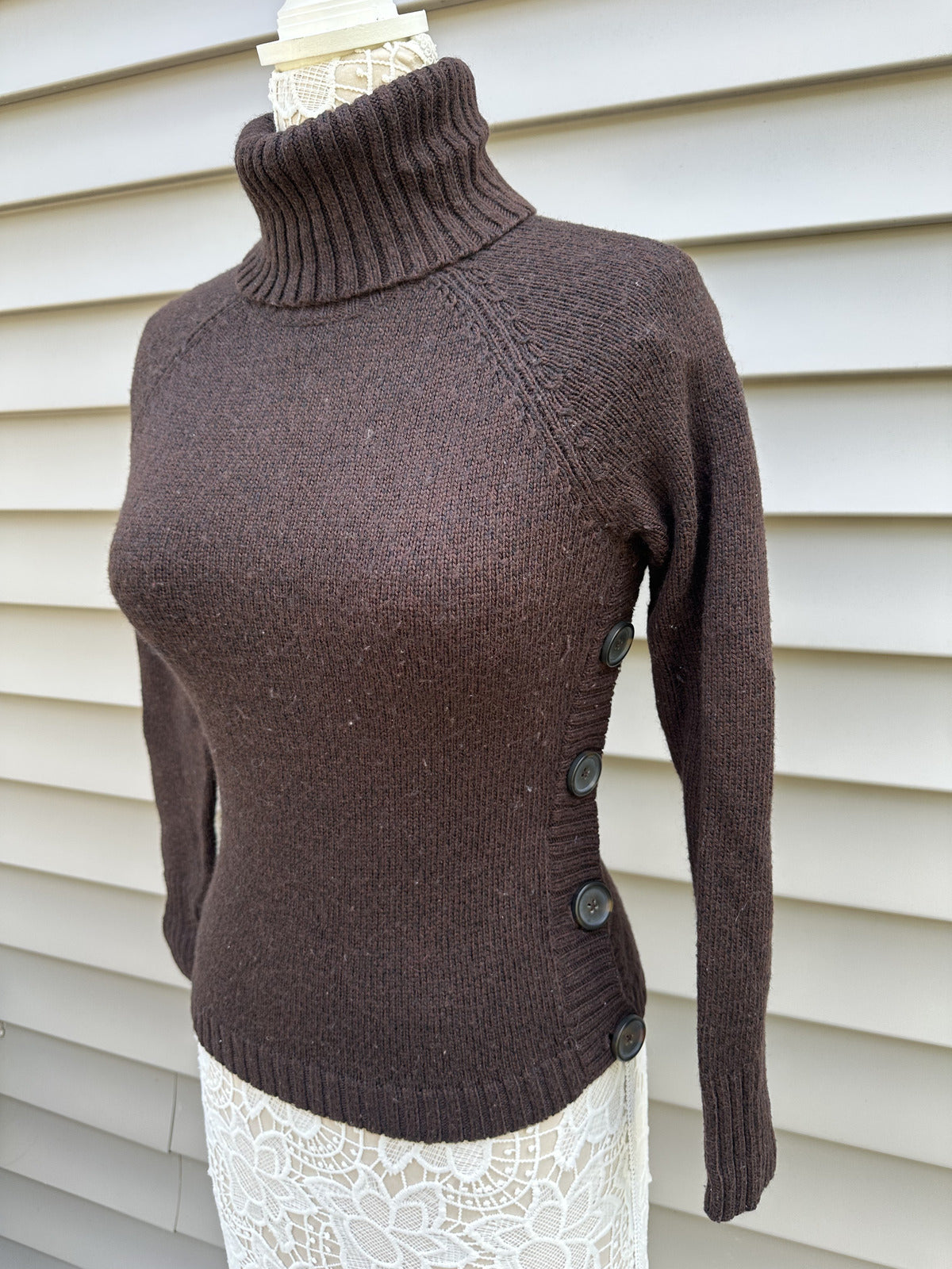 The Limited Brown Turtleneck Sweater with Side Button Detail