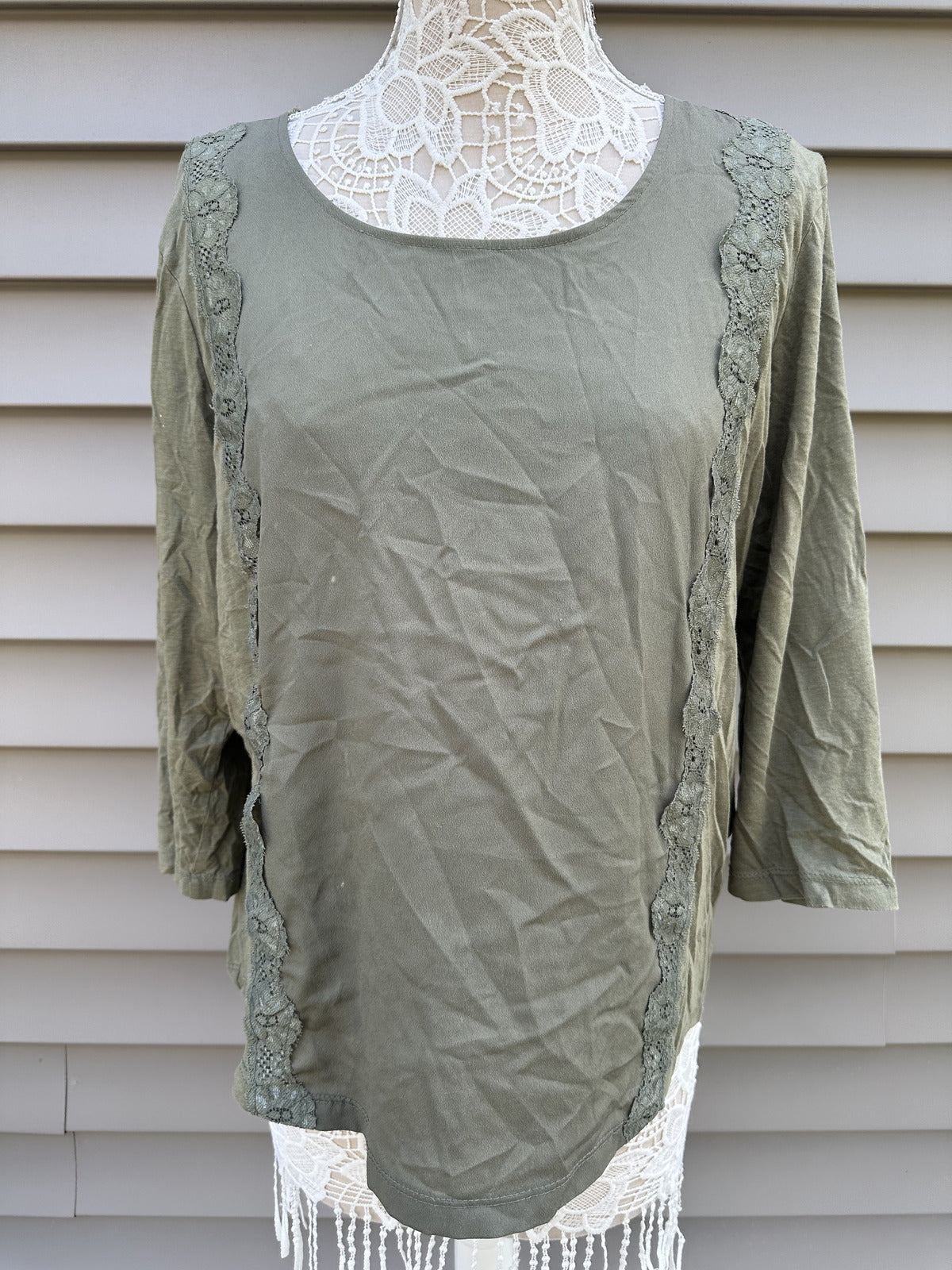 Chico's Olive Green Lace Trim Blouse Boho Chic Casual Top