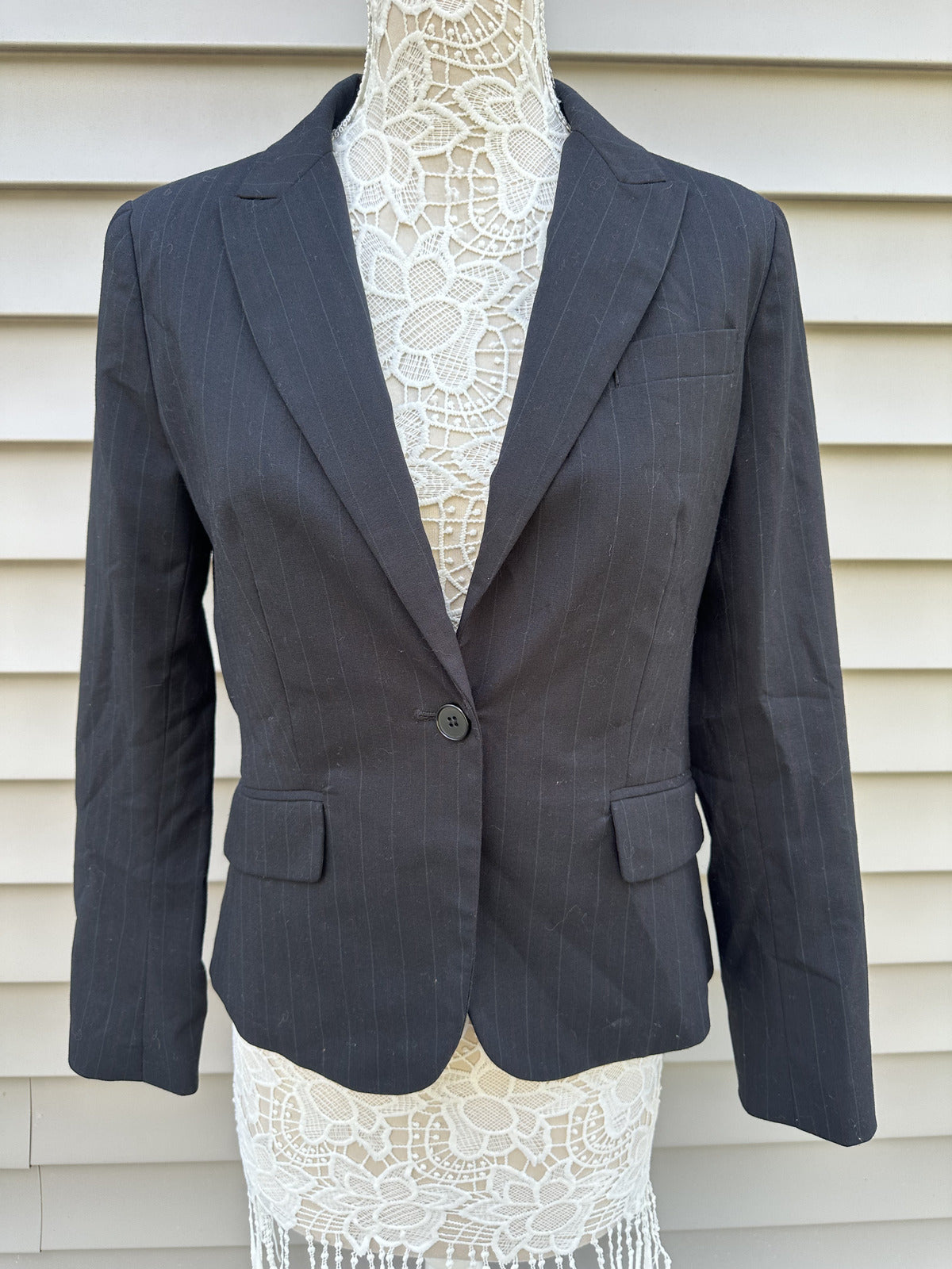 New York & Company Pinstripe Black Blazer Classic Professional Office