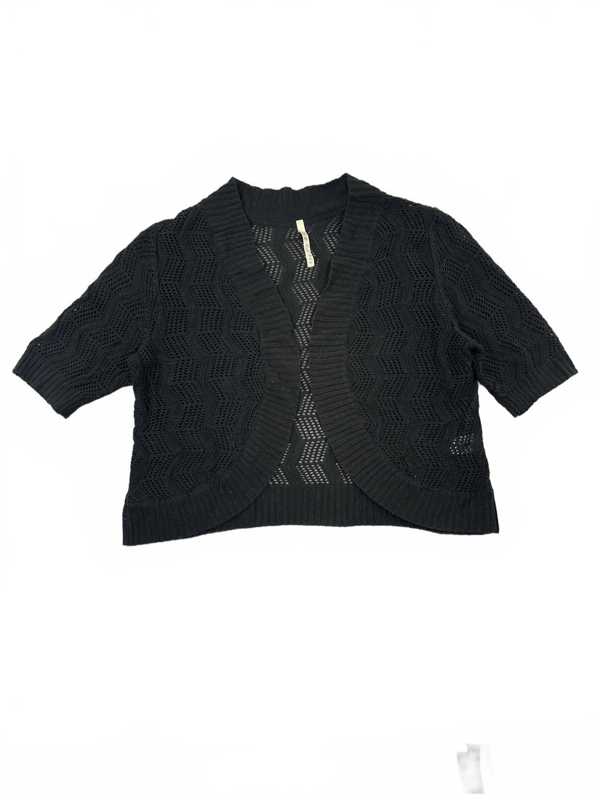 Leo & Nicole Y2K Black Open Front Knit Cardigan Sheer Patterned Short Sleeve
