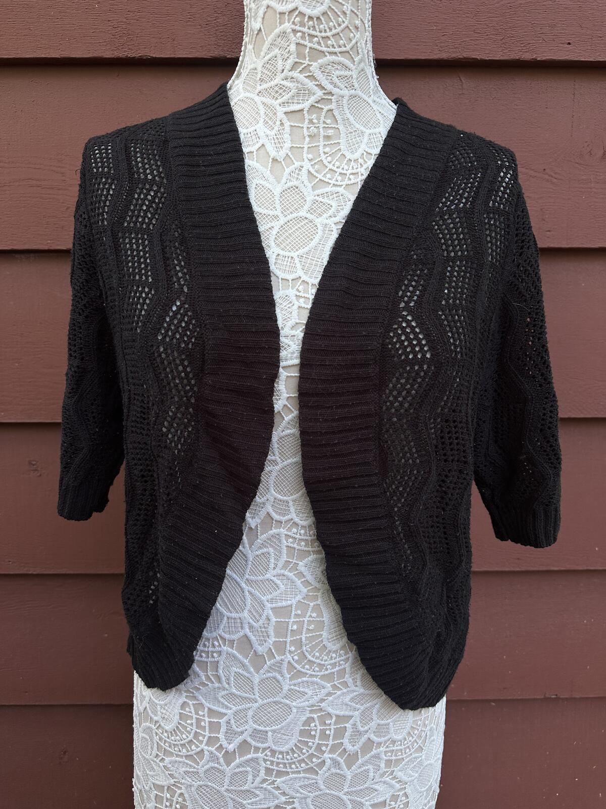 Leo & Nicole Y2K Black Open Front Knit Cardigan Sheer Patterned Short Sleeve
