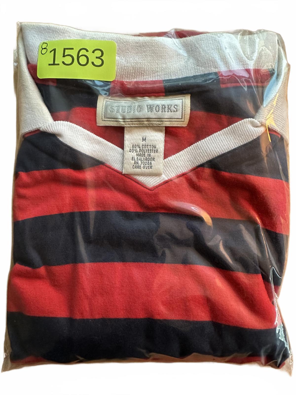 Studio Works Vintage Style Red and Navy Striped Polo Shirt with White Collar