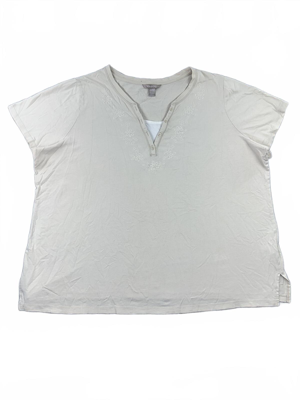 White Stag Boho Embroidered Henley Top Neutral Beige Casual Cottage