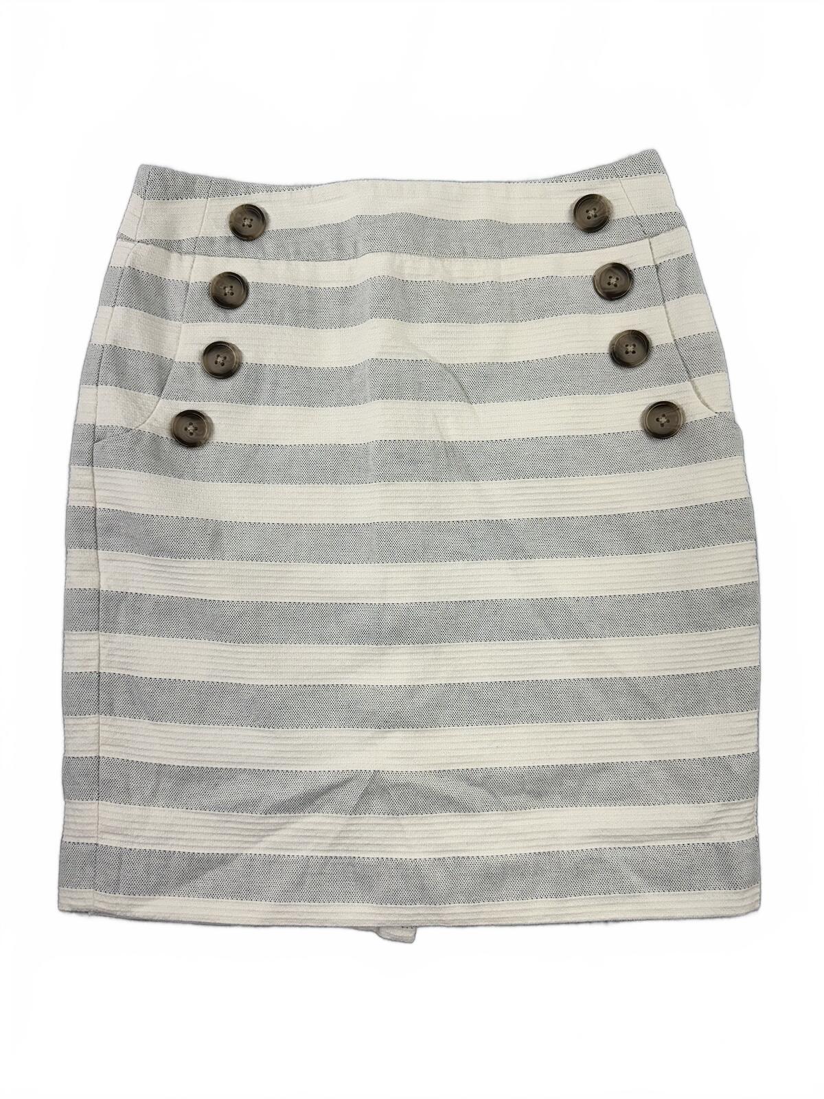 LOFT Petite Striped Button Front Pencil Skirt in Gray and Cream Preppy