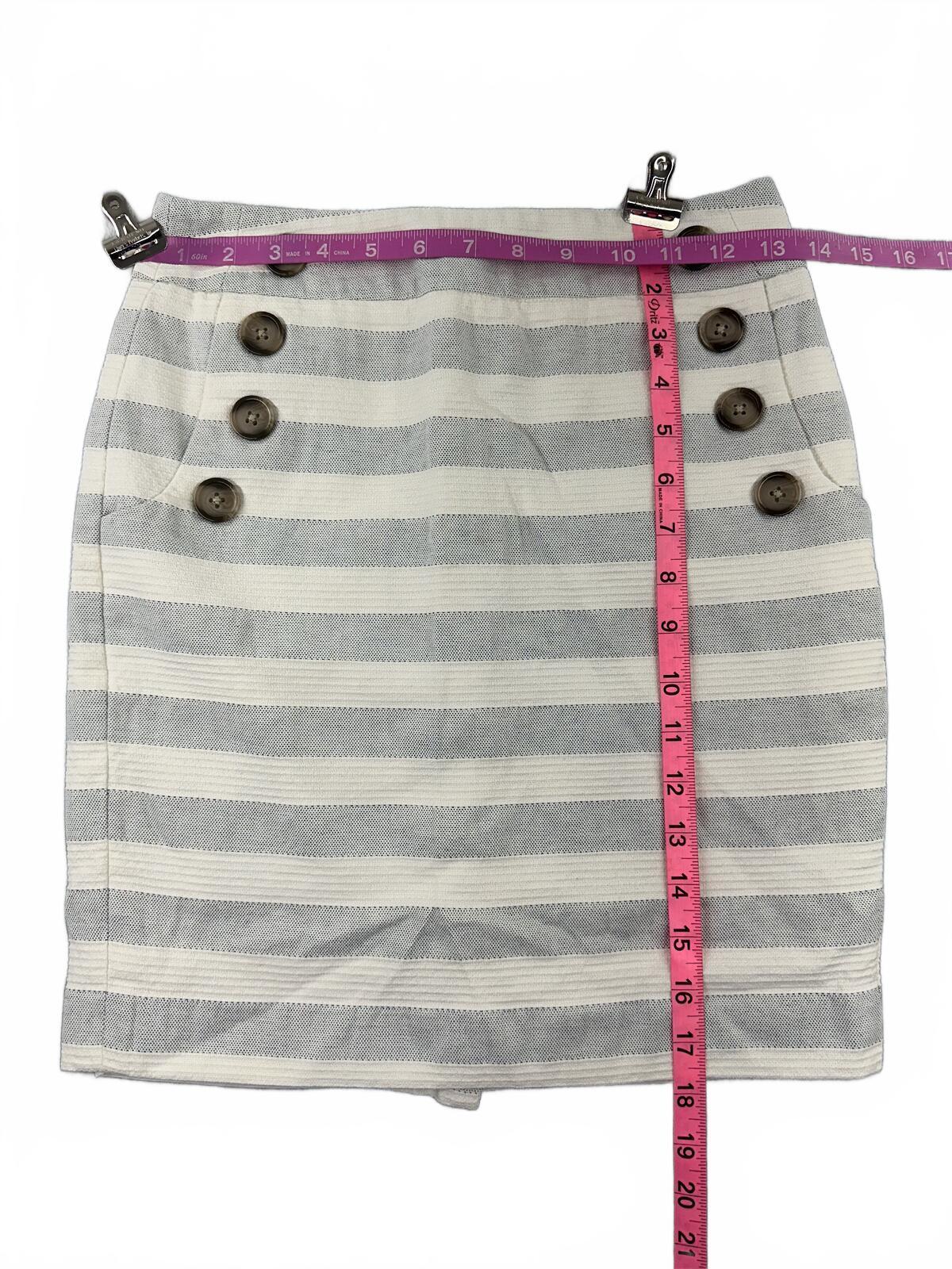 LOFT Petite Striped Button Front Pencil Skirt in Gray and Cream Preppy