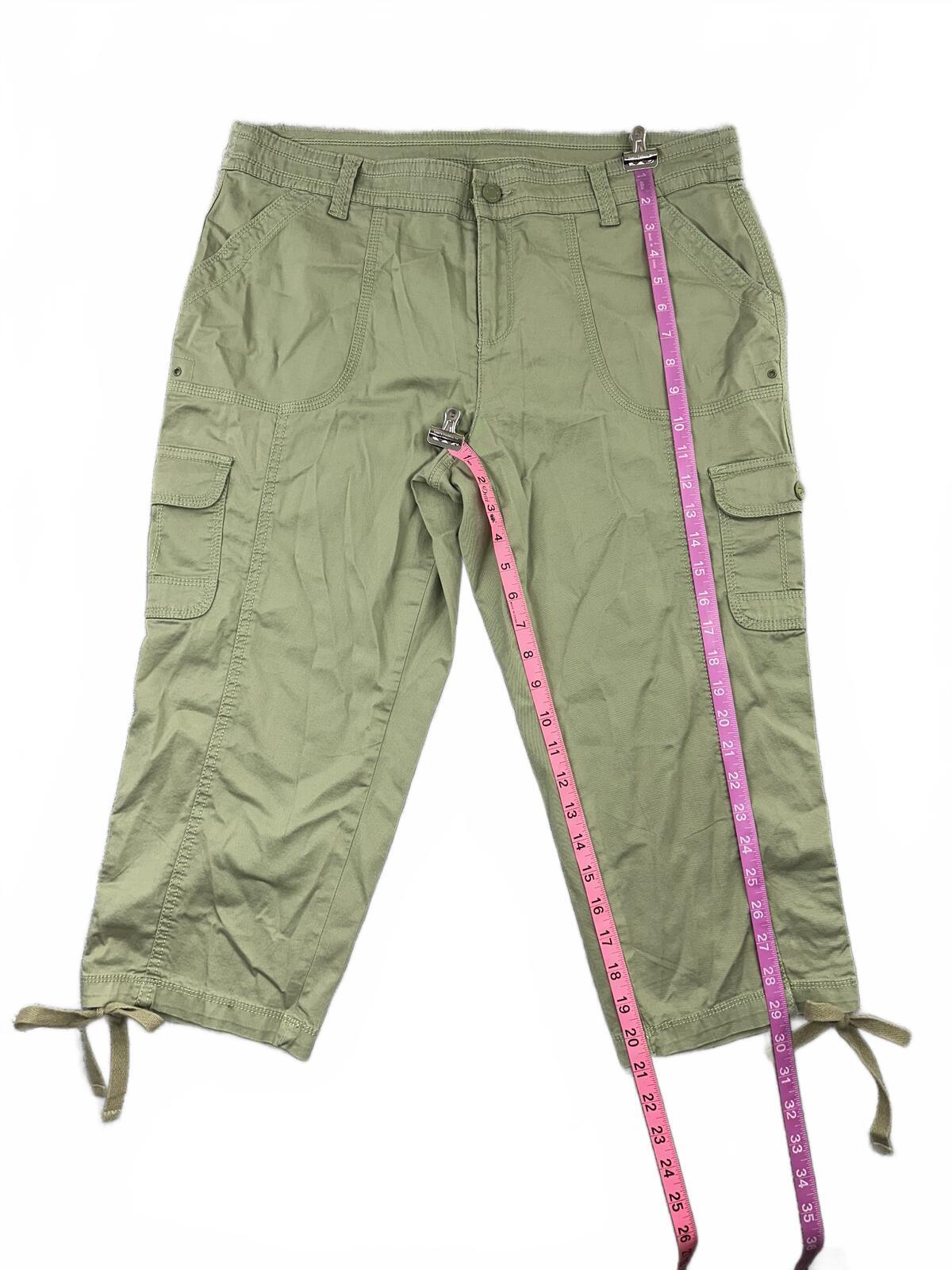 Faded Glory Olive Green Cargo Capri Pants Y2K Utility Style Adjustable Tie Cuffs