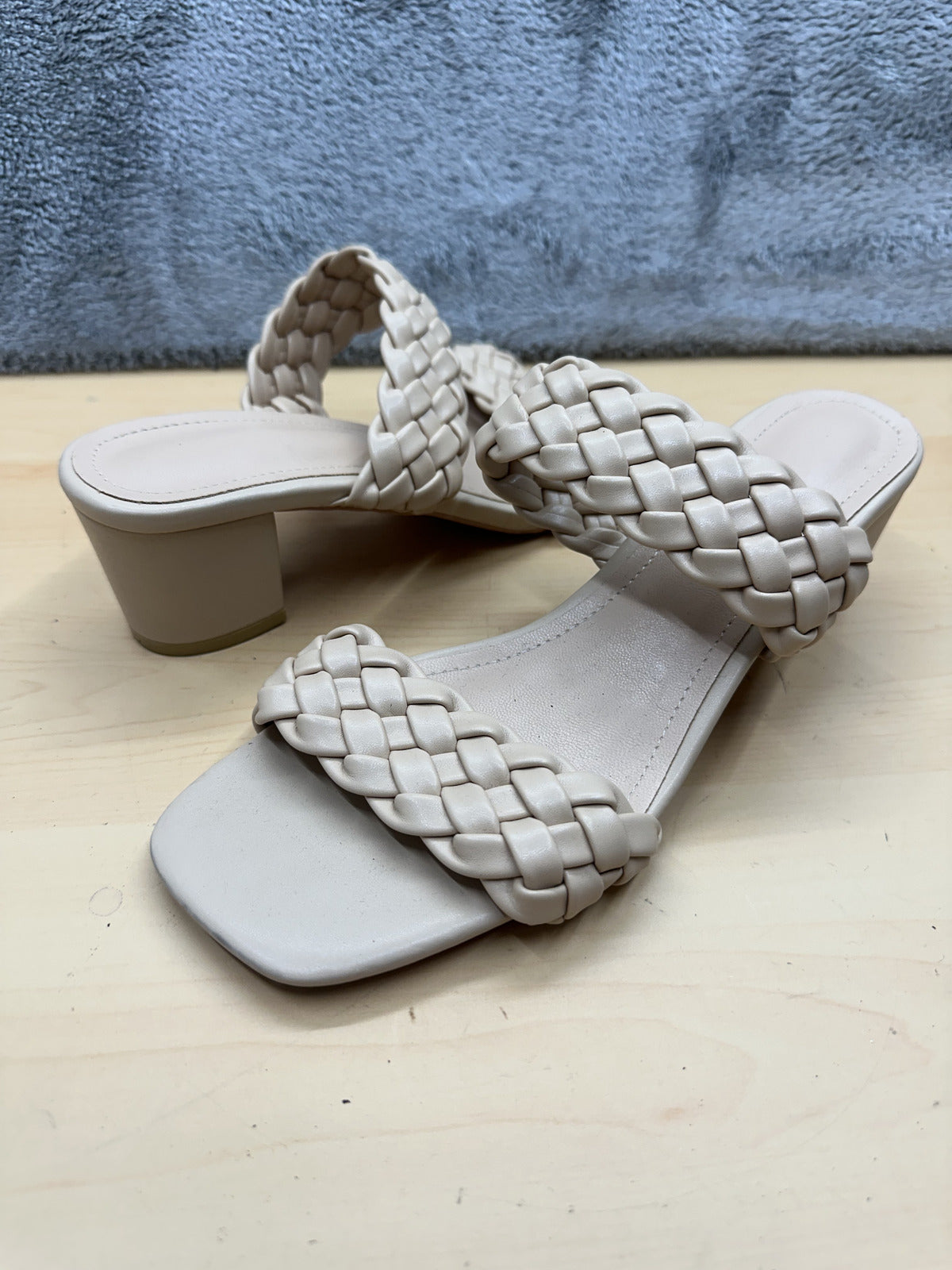 Cream Braided Double Strap Block Heel Sandals