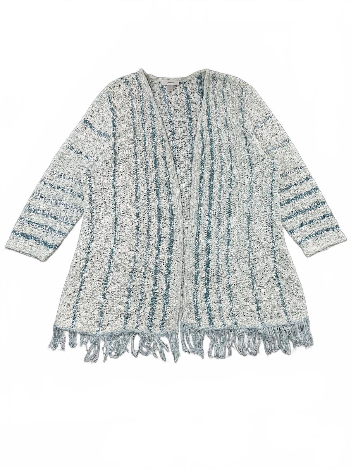 CJ Banks Open Front Boho Cardigan with Fringe Hem in White and Blue