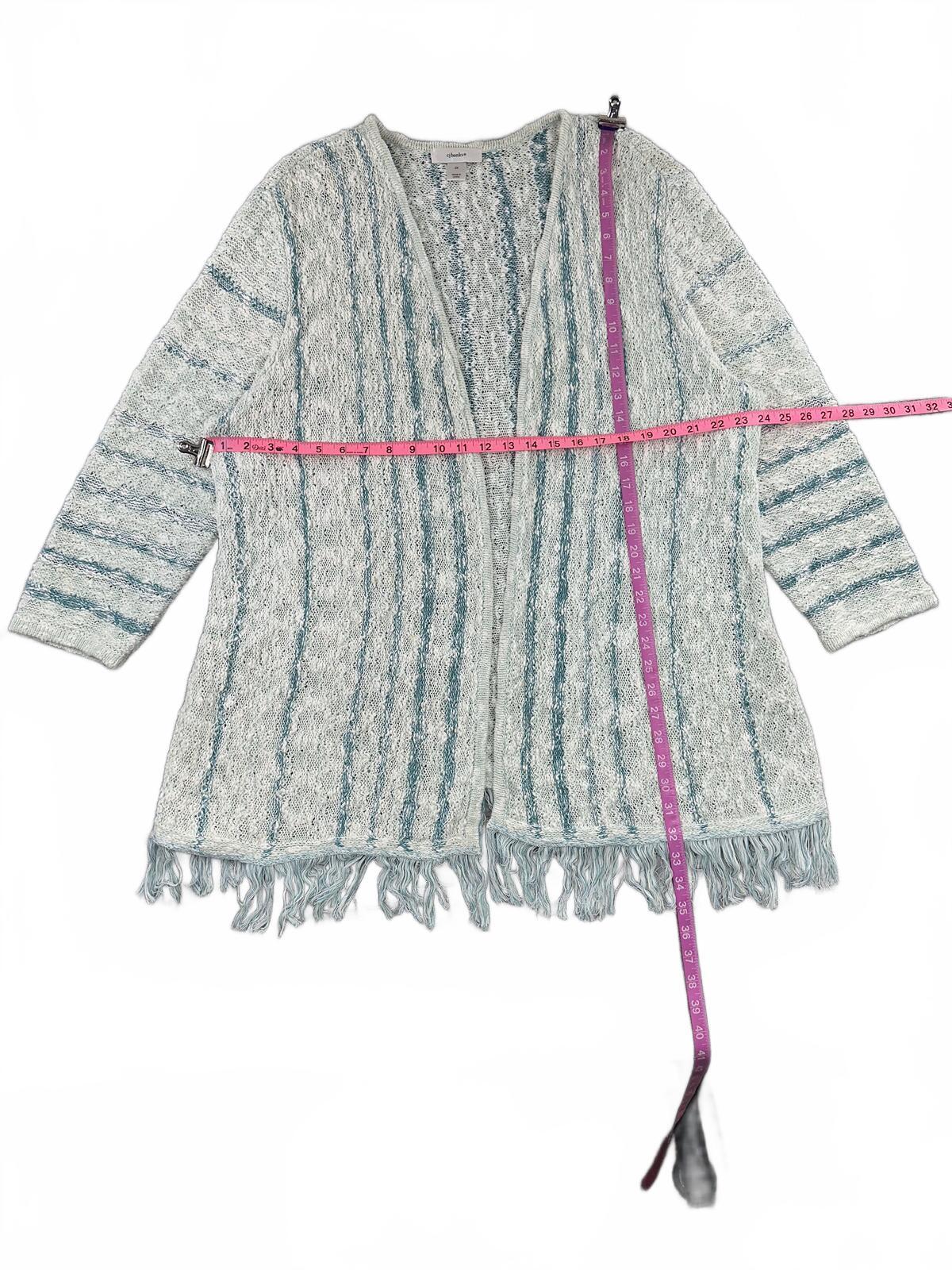 CJ Banks Open Front Boho Cardigan with Fringe Hem in White and Blue