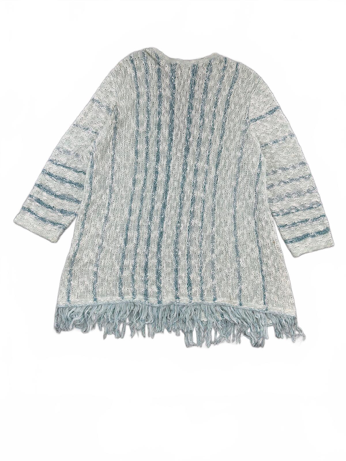CJ Banks Open Front Boho Cardigan with Fringe Hem in White and Blue