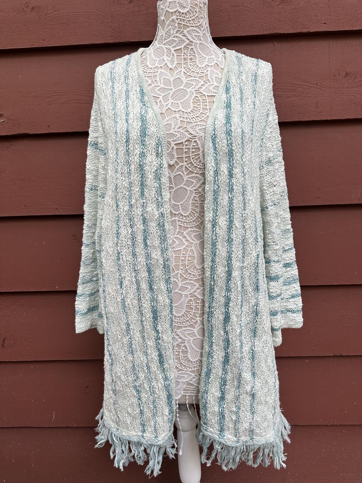 CJ Banks Open Front Boho Cardigan with Fringe Hem in White and Blue
