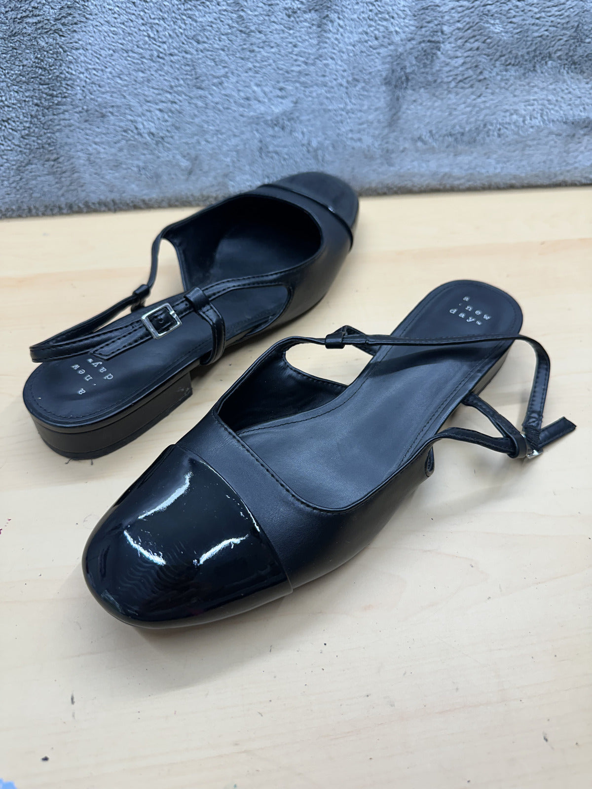 New Day Black Slingback Flats with Patent Toe Cap