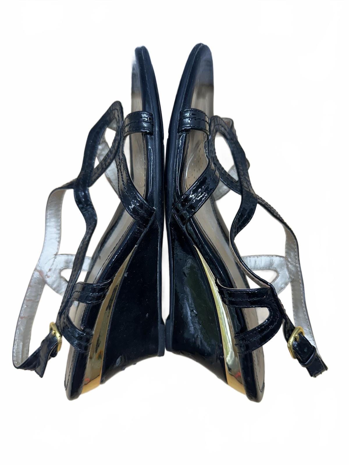 Sofft Black Patent Leather Strappy Wedge Sandals