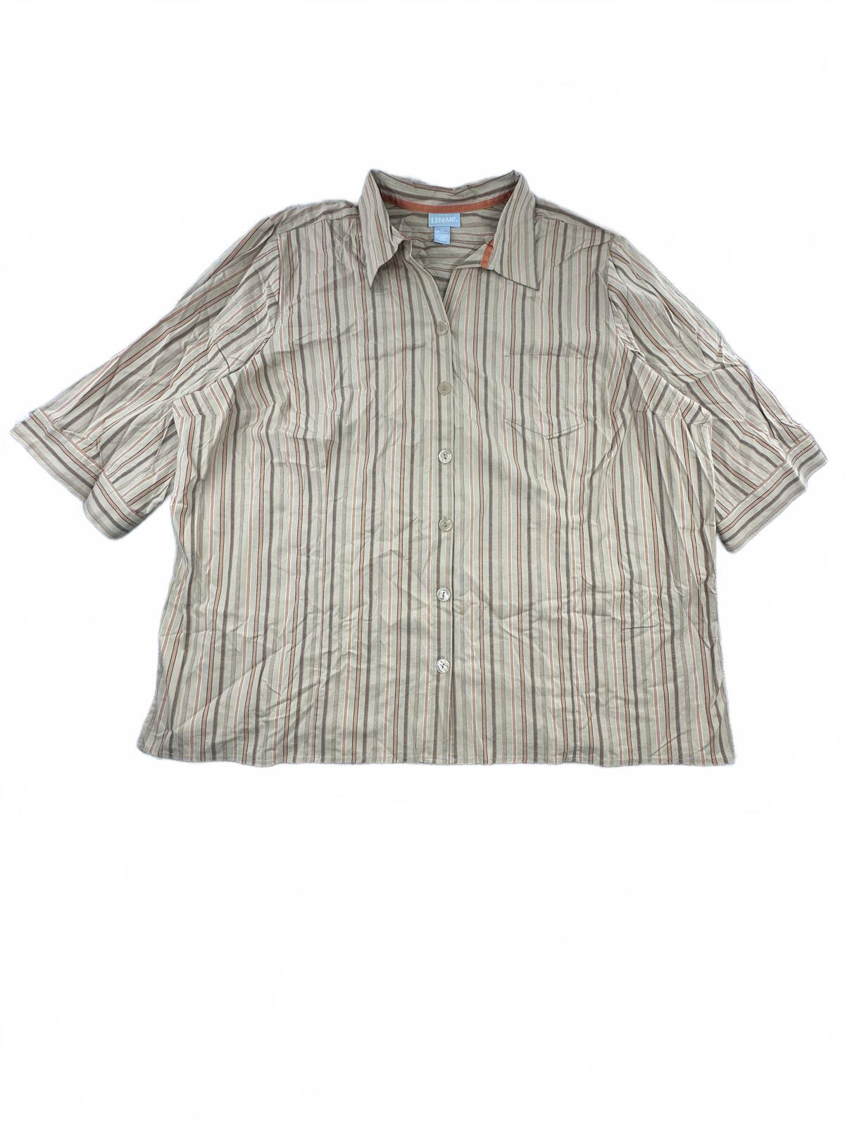Liz&Me Striped Button Front Shirt Blouse Beige Brown Relaxed Fit