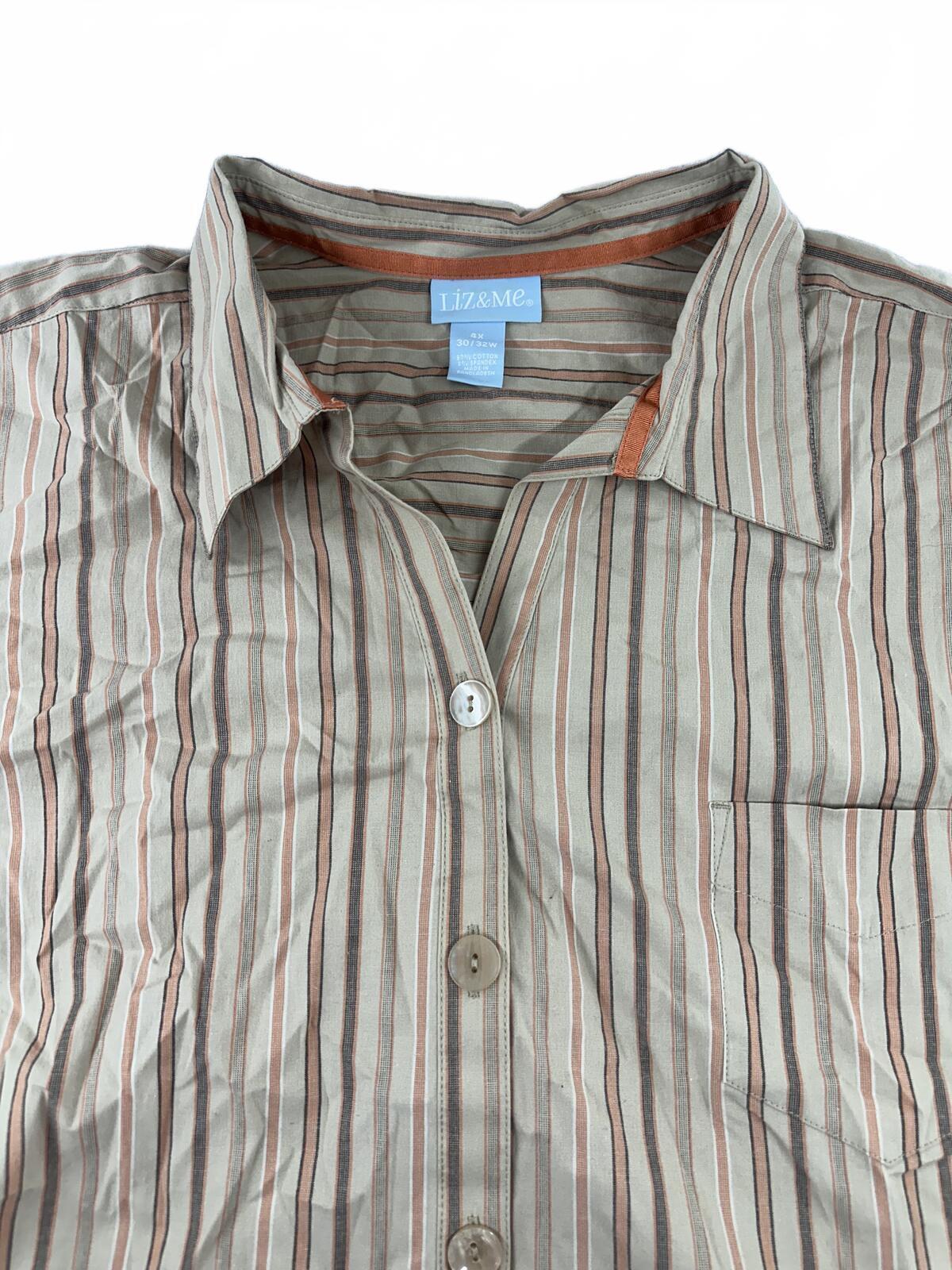 Liz&Me Striped Button Front Shirt Blouse Beige Brown Relaxed Fit