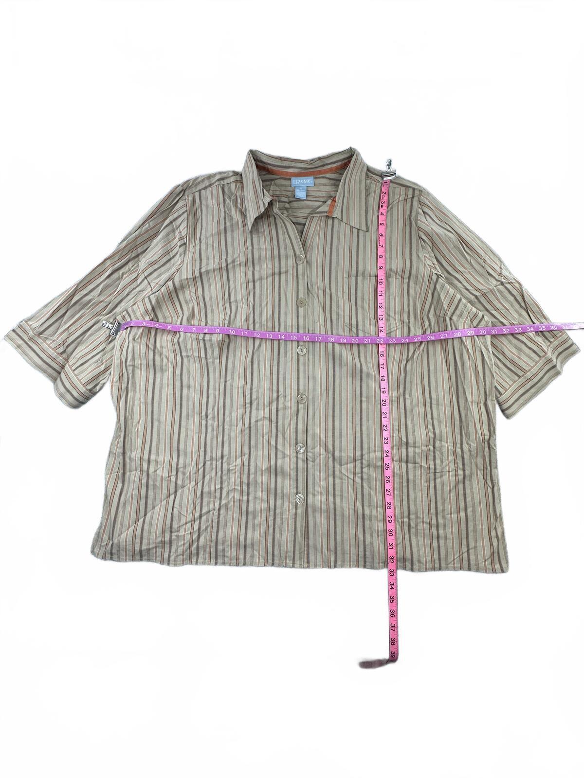 Liz&Me Striped Button Front Shirt Blouse Beige Brown Relaxed Fit