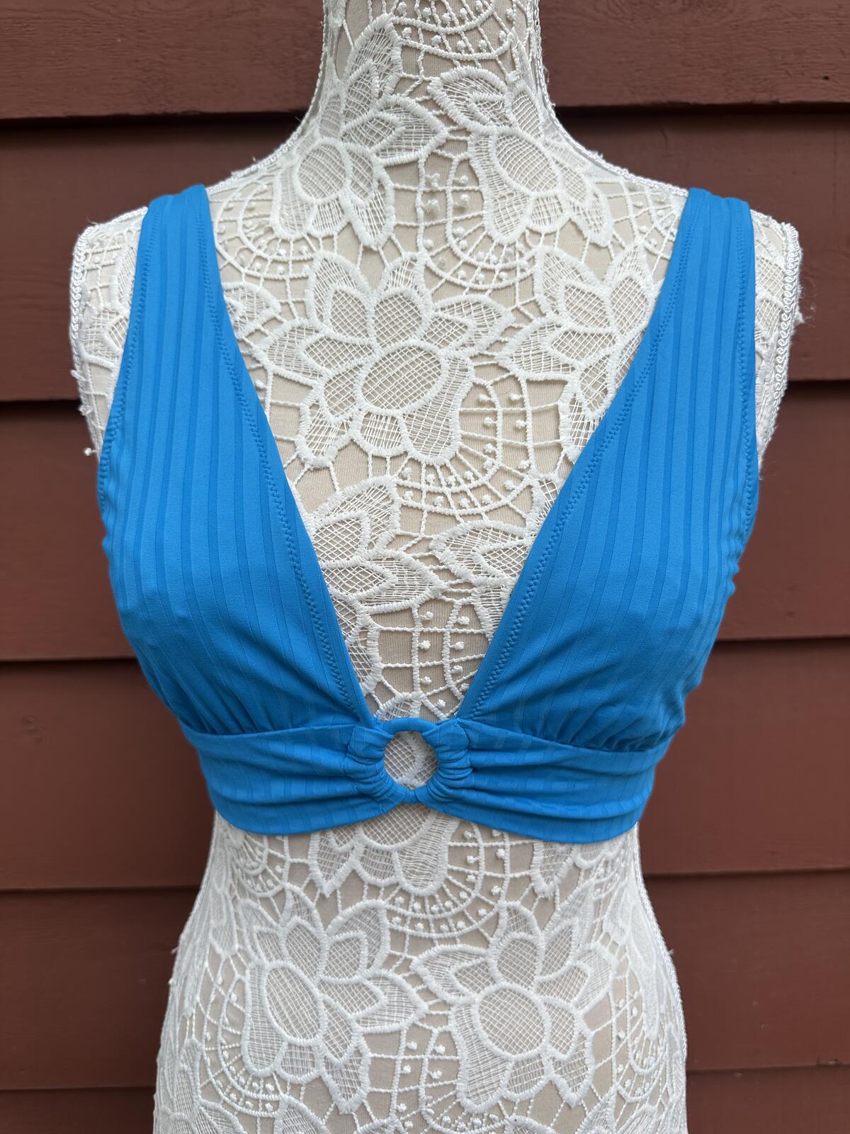 Aerie Blue Ribbed Scoop Swim Top with Ring Detail Y2K Inspired Bikini Top
